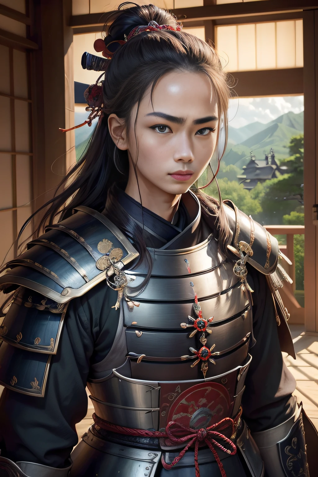 ((top-quality)), ((​masterpiece)), ((Photorealsitic)), (ultra-detailliert),（Upper body only）,（Detailed facial features）、（natta）、（clothed）、 No watermark signature, Magnificent castle in the background , 细致背景,, insanely detaileda,shaven, complexly detailed, ((​masterpiece)), absurderes, HDR, UHD, 8K, (Align Center, Frame Center), (foco nítido, charactor focus), 1male people, japanese samurai,Blue armor、 Wearing Japan armor, armor、Sengoku Warlord, brave、 male people, homely、Busaku、The face is not in order、 Unpopular face、natta、samurais、samurais