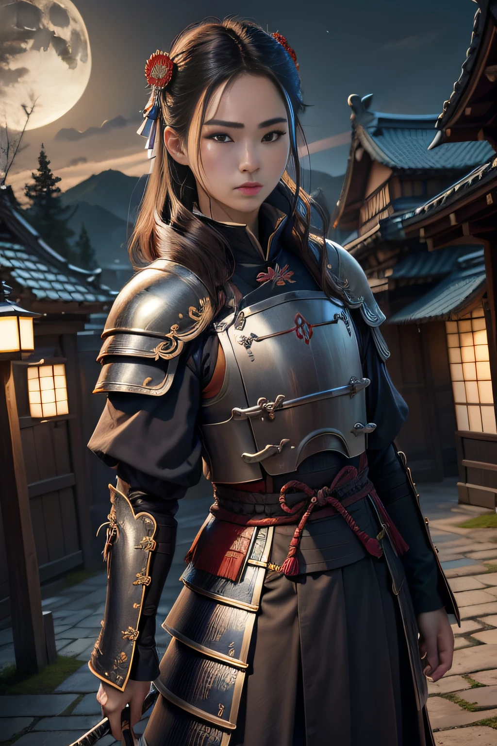 ((top-quality)), ((​masterpiece)), ((Photorealsitic)), (ultra-detailliert),（Upper body only）,（Detailed facial features）、（Night time when the moon shines）、（Night time）、（deep in the night）、（Night shooting）、（clothed）、 No watermark signature, Magnificent castle in the background , 细致背景,, insanely detaileda,shaven, complexly detailed, ((​masterpiece)), absurderes, HDR, UHD, 8K, (Align Center, Frame Center), (foco nítido, charactor focus), 1male people, japanese samurai,Blue armor、 Wearing Japan armor, armor、Sengoku Warlord, brave、 male people, natta、samurais、samurais