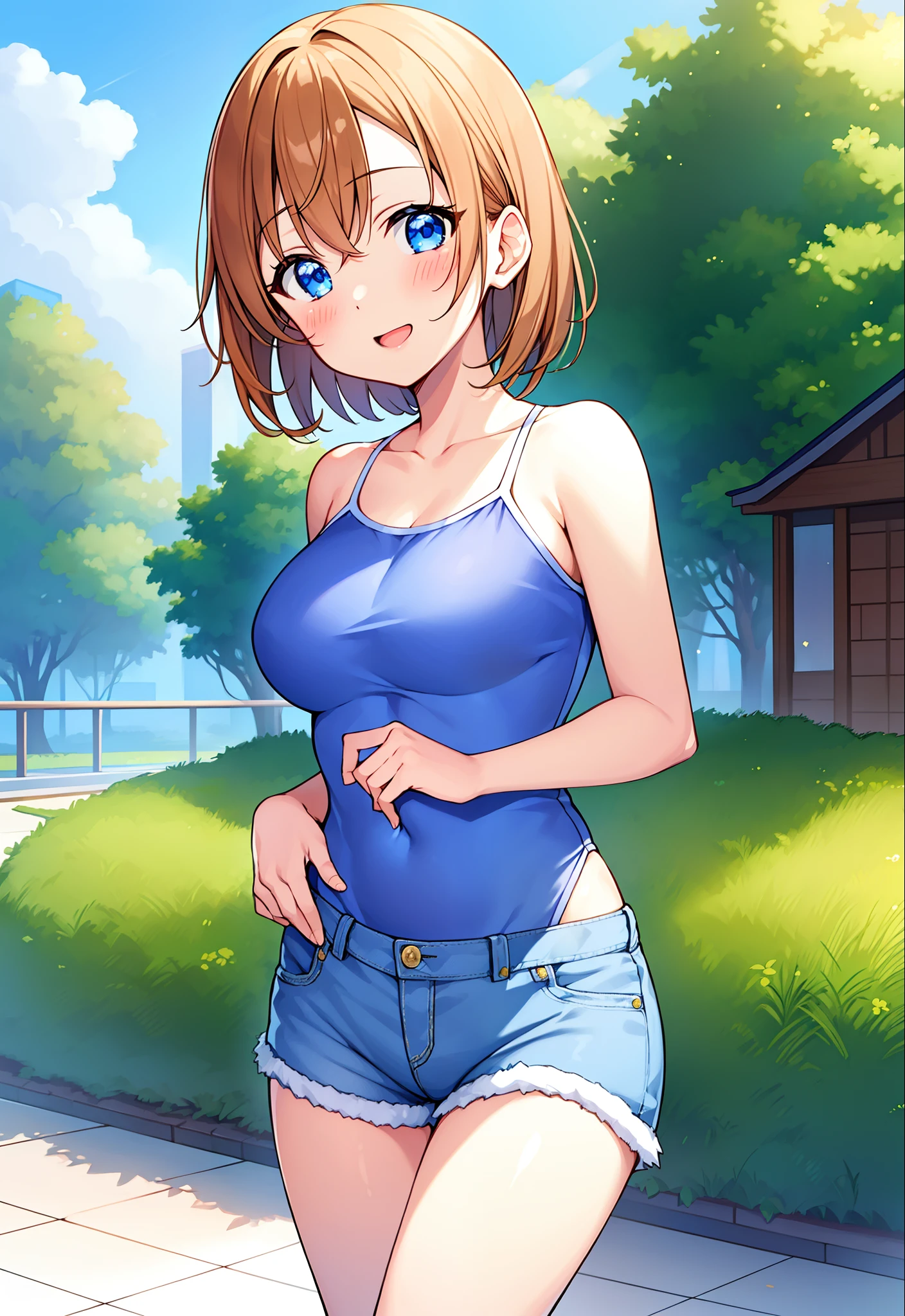 Kousaka honoka, blue eyes, best quality, masterpiece, upper body, standing, solo focus, short hair, medium breasts, one-piece_tan, tan, bikni top, denim jeans shorts, looking at viewer, mall, (blush:1.2), happy, exposed groin