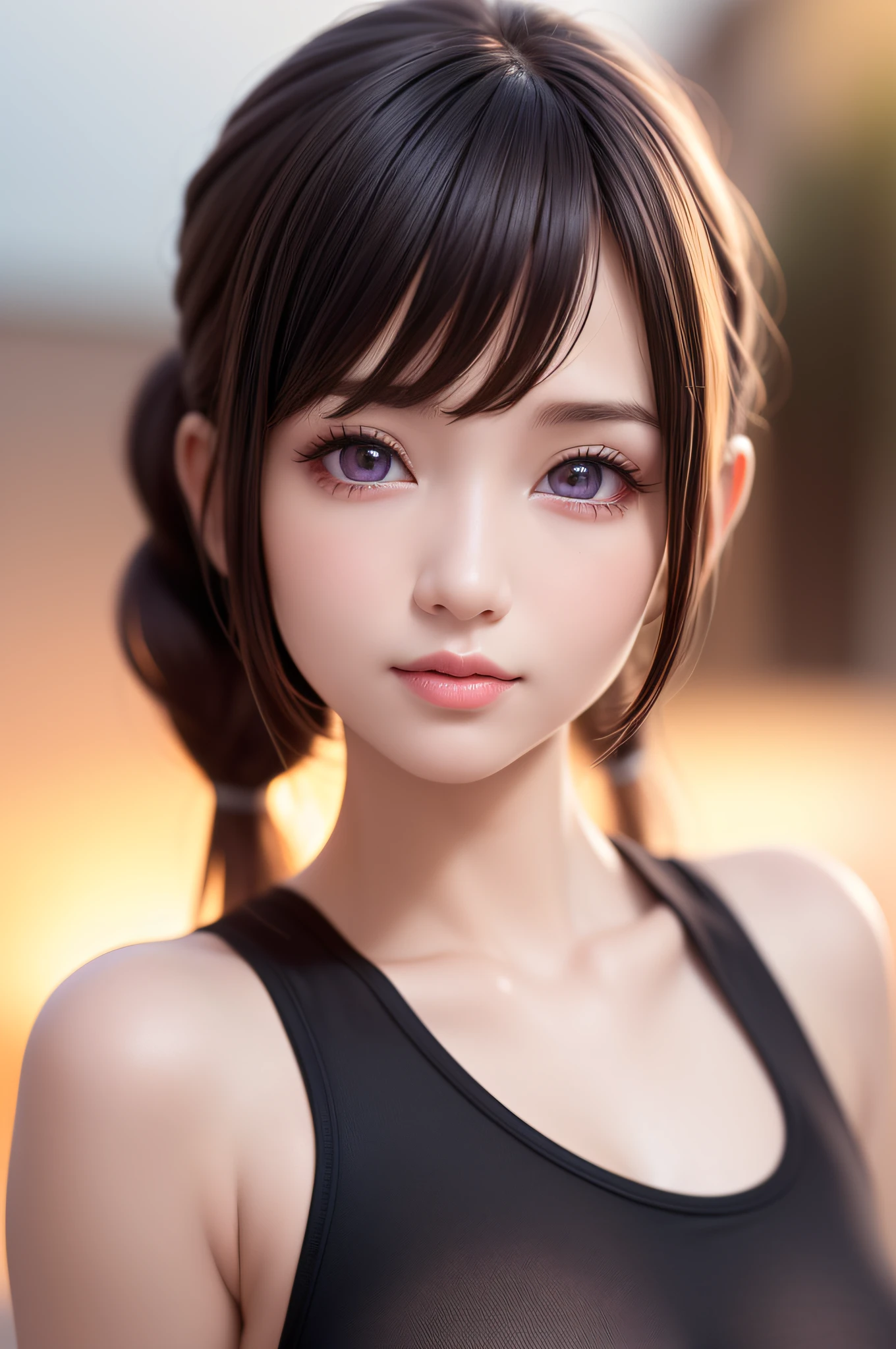 (1 young girl), (extremely detailed beautiful face), Amazing face and eyes, (Best Quality:1.4), (Ultra-detailed), (extremely detailed CG unified 8k wallpaper), Highly detailed, High-definition raw color photos, Professional Photography, Amazing face and eyes, Pink eyes, Twintails, Brown hair, Model, (((Bokeh))), depth of fields, Beach, Twilight, Sunset