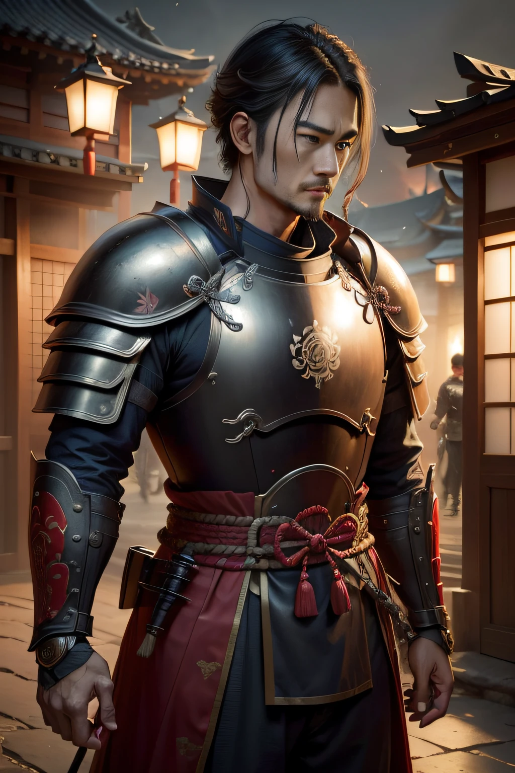 ((top-quality)), ((​masterpiece)), ((Photorealsitic)), (ultra-detailliert),（Upper body only）,（Detailed facial features）、（Night time when the moon shines）、（Night time）、（deep in the night）、（Night shooting）、（clothed）、twinks、 No watermark signature, castle town、fight、Old times、Old-fashioned world, 细致背景,, insanely detaileda,shaven, complexly detailed, ((​masterpiece)), absurderes, HDR, UHD, 8K, (Align Center, Frame Center), (foco nítido, charactor focus), 1male people, japanese samurai,Colored armor、 Wearing Japan armor,Chinese military general、 armor、Sengoku Warlord, well-muscled、brave、 male people, samurais、samurais
