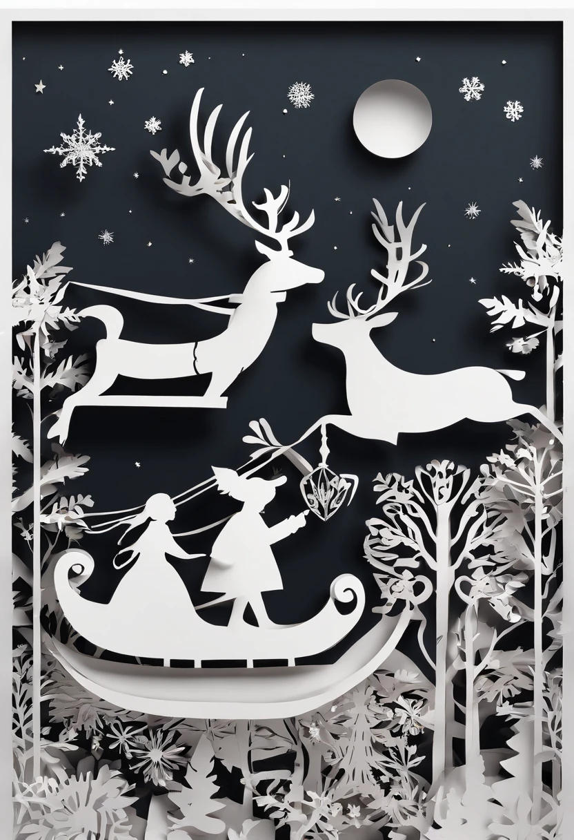 Christmas elements, santa claus　Reindeer pulling a sleigh　Black background, Illustrated minimalist image of a set of exclusive stickers　Irridescent color
