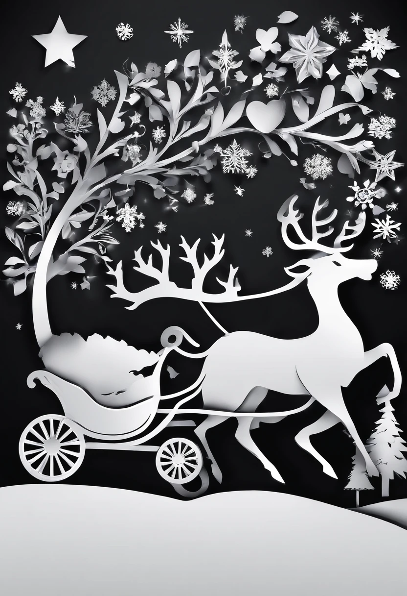 Christmas elements, santa claus　Reindeer pulling a sleigh　Black background, Illustrated minimalist image of a set of exclusive stickers　Irridescent color