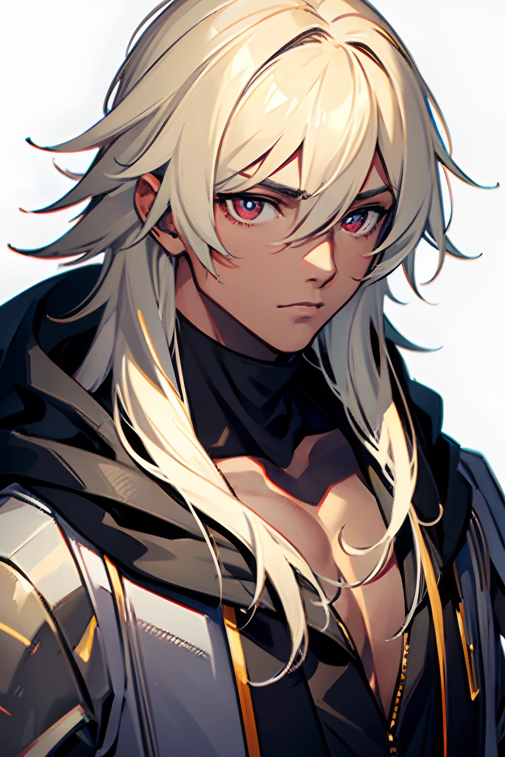 closeup, portrait, masterpiece BREAK 1boy, muscular male, mature male, male focus, (dark-skinned male), messy hair, hair over shoulder, long hair, pale blonde hair, AND blonde eyebrows, (hair between eyes), (red eyes), (((sparse stubble))), (bags under eyes), BREAK white background
