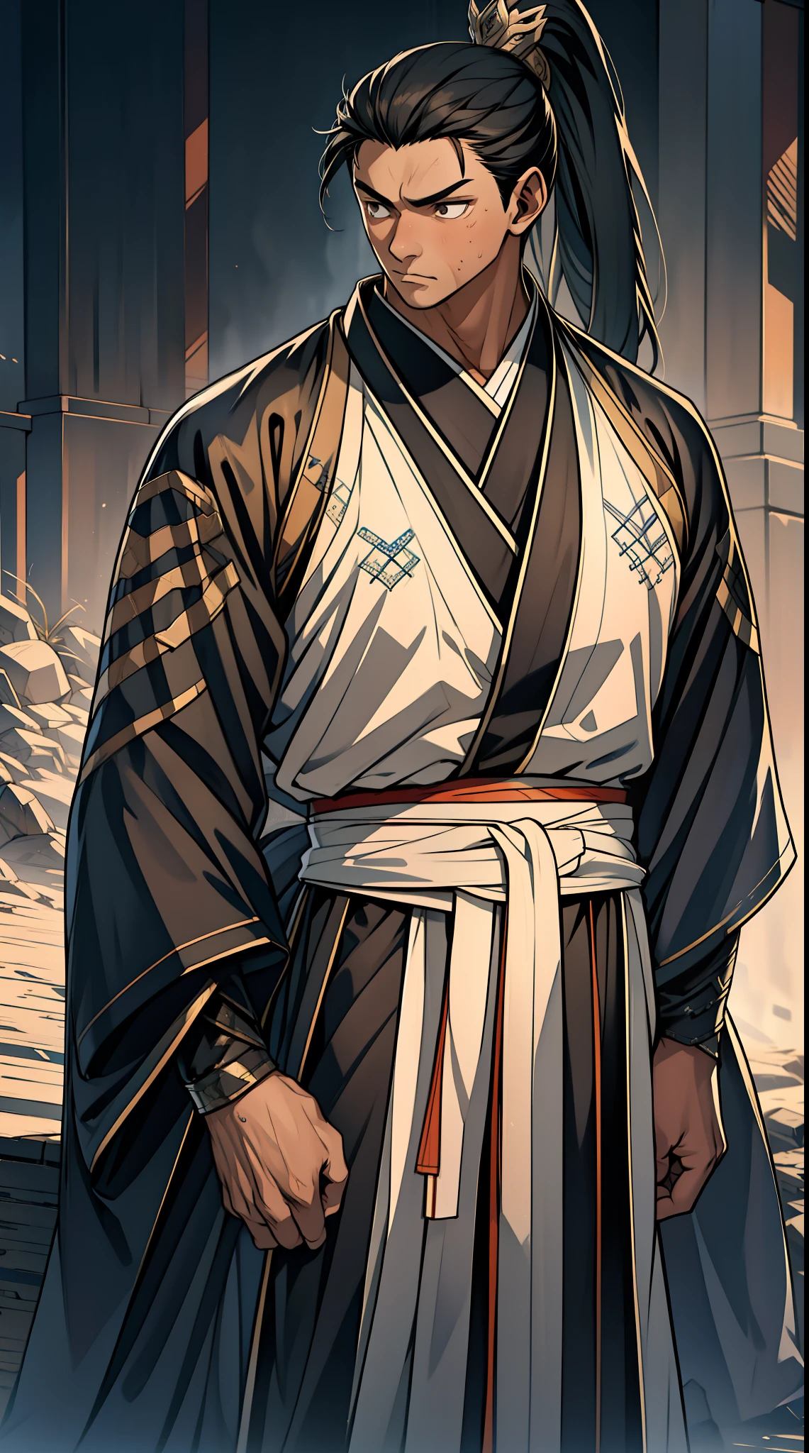 quadratic element，style of anime，mtu（Male Warrior），The proportions are correct，Face details，swordsmen，High ponytail hairstyle，Neck details，There is an Adam's apple，Black Hanfu，kaftan，Embroidered robes，Black robe，clothes details，Handing over，longer sleeves，Game quality，Swordsmanship，Light and shadow tracking，Ray traching，detailed glow，cg render，hair detail，cabelos preto e longos，Black eyes，Handsome，Handsome，（juvenile sense），Clothing is complicated，Perfectcomposition，Refinement，high qulity，higher details，Lots of details，The background is complex，a sense of atmosphere，