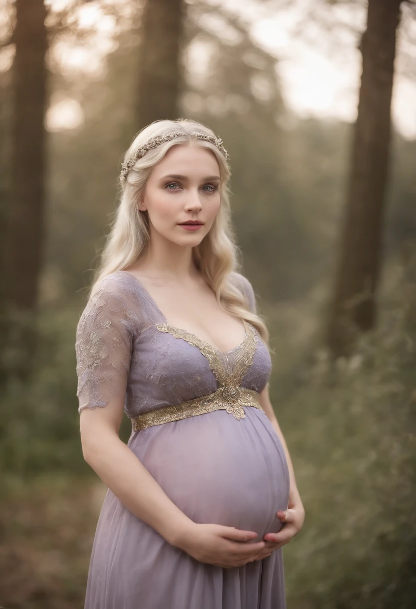 pale fair complexion, woman around 19 years old, natural silver-blonde hair, violet eyes, wearing kohl, beautiful, large breasts, innocent looking, pregnant, 9 months pregnant, medieval setting with candlelight, ultra sharp focus, realistic shot, medieval female clothes, maternity shot