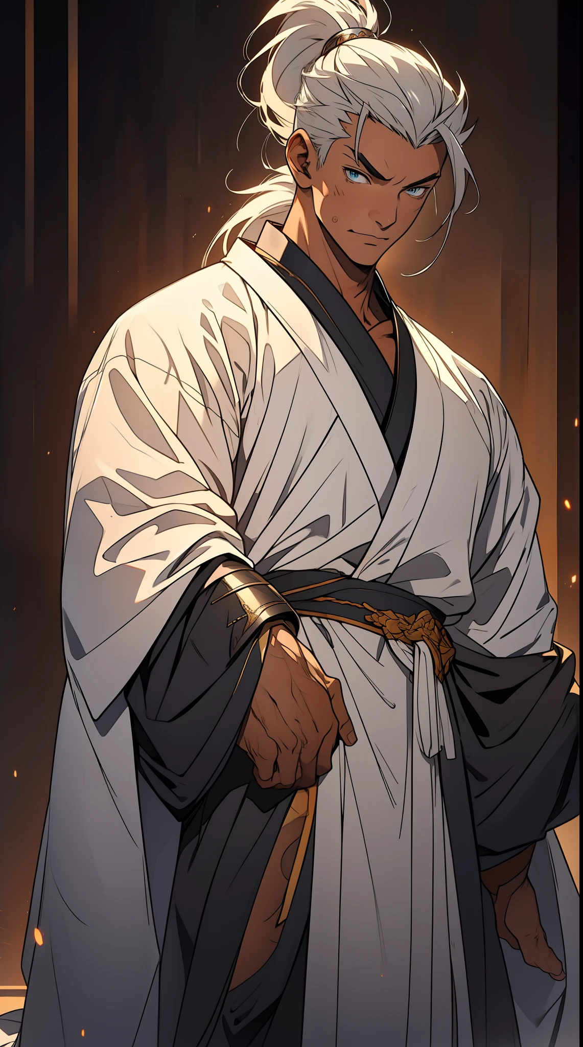 quadratic element，style of anime，mtu（Male Warrior），The proportions are correct，Face details，swordsmen，High ponytail hairstyle，Neck details，There is an Adam's apple，White robe，kaftan，long white robe，clothes details，Handing over，longer sleeves，Game quality，Swordsmanship，Light and shadow tracking，Ray traching，detailed glow，cg render，hair detail，cabelos preto e longos，blue colored eyes，Handsome，Handsome，（juvenile sense），Clothing is complicated，Perfectcomposition，Refinement，high qulity，higher details，Lots of details，The background is complex，a sense of atmosphere，