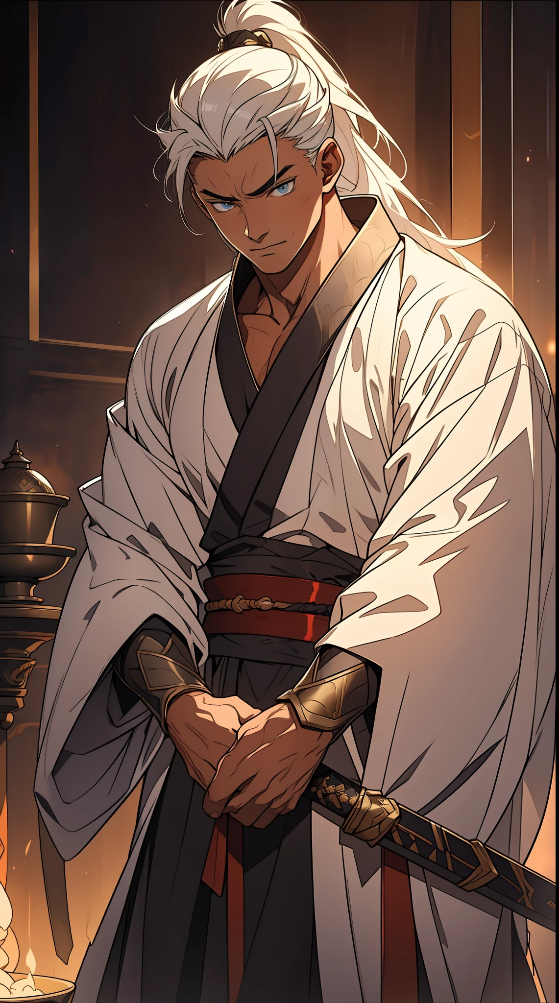 quadratic element,style of anime,mtu(Male Warrior),The proportions are correct,Face details,swordsmen,High ponytail hairstyle,Neck details,There is an Adam's apple,White robe,kaftan,long white robe,clothes details,Handing over,longer sleeves,Game quality,Swordsmanship,Light and shadow tracking,Ray traching,detailed glow,cg render,hair detail,cabelos preto e longos,blue colored eyes,Handsome,Handsome,(juvenile sense),Clothing is complicated,Perfectcomposition,Refinement,high qulity,higher details,Lots of details,The background is complex,a sense of atmosphere,