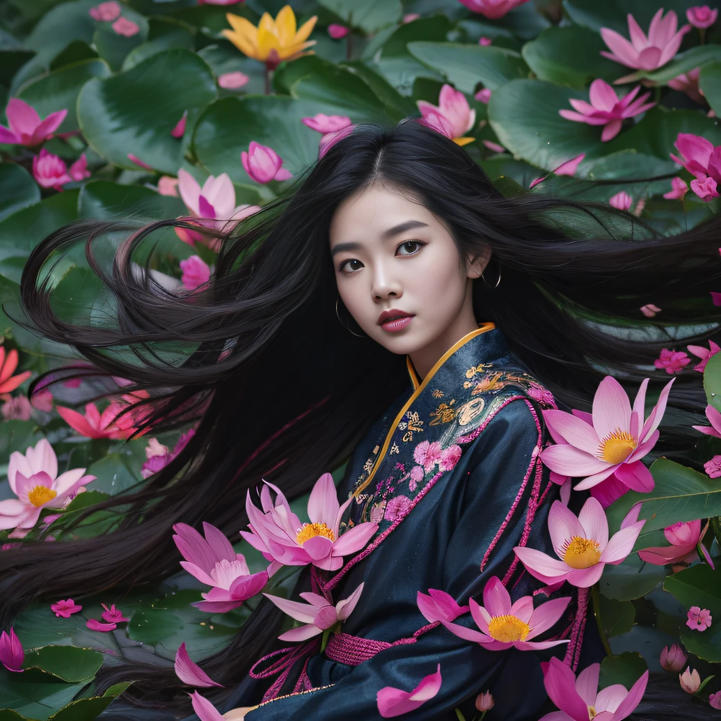32K(tmasterpiece,k hd,hyper HD,32K)Long flowing black hair,ponds,zydink, a color, Aozhou people (Concubine girl), (Purple silk scarf), Combat posture, looking at the ground, long whitr hair, Floating hair, Carp pattern headdress, Chinese long-sleeved clothing, (Abstract gouache splash:1.2), Pink petal background,Pink and white lotus flowers fly(realisticlying:1.4),Black color hair,Fallen leaves flutter,The background is pure, A high resolution, the detail, RAW photogr, Sharp Re, Nikon D850 Film Stock Photo by Jefferies Lee 4 Kodak Portra 400 Camera F1.6 shots, Rich colors, ultra-realistic vivid textures, Dramatic lighting, Unreal Engine Art Station Trend, cinestir 800,Long flowing black hair,Denim skirt