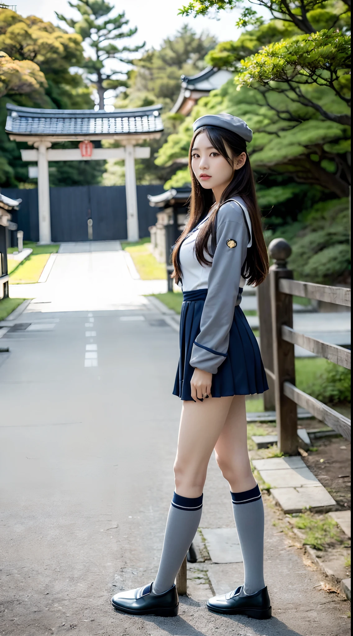 mix4, (16 K, Raw photography, Top image quality, ​masterpiece: 1.45), (realisitic, Photorealsitic: 1.37), one girls, 7．5, etc、Random hairstyle、Standing figure，Noon time slot、a very cute, Precincts of the shrine,stone stairs, profetional lighting, photon maping, a park、physically-based renderingt, Gradient dark brown hair,, a handsome, Well-groomed and beautiful eyes、Large double eyelids、Very shiny、girl with, (((student clothes、Long sleeve sailor suit worn by Japan schoolgirl、red cuffs、Dark blue mini skirt, Small gray beret、Dark blue knee-high socks、Black loafers))), Top Quality Photos, hight resolution, 1080p, (clearface), (Detailed face description), (Detailed hand description), (​masterpiece), (Exquisite CG)、extreme light and shadows、dishevled hair、master work、abundant detail、(Fine facial features)、(top quality photo)、(masuter piece)、(A detailed eye)、Look in front of you、Fine clavicle、((Slender big))、(((Japan schoolgirl in long-sleeved sailor suit)))、((Ready Idol System))、((Precincts of the shrine、torii gate、Tesuisha、Komainu))、(Shooting from random perspectives)、(((Anyway cute)))、耳Nipple Ring、A big smile、Drawing the whole body from the knees、Do not draw nasolabial folds、(((Long-sleeved sailor suit)))、(Big breasts that hang down big:1.2)、Big buttocks with tension、Two arms and two legs、(((from the front side:1.2)))、bare hand、No mask、