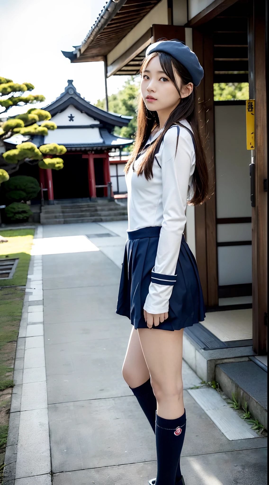 mix4, (16 K, Raw photography, Top image quality, ​masterpiece: 1.45), (realisitic, Photorealsitic: 1.37), one girls, 7．5, etc、Random hairstyle、Standing figure，Noon time slot、a very cute, Precincts of the shrine,stone stairs, profetional lighting, photon maping, a park、physically-based renderingt, Gradient dark brown hair,, a handsome, Well-groomed and beautiful eyes、Large double eyelids、Very shiny、girl with, (((student clothes、Long sleeve sailor suit worn by Japan schoolgirl、red cuffs、Dark blue mini skirt, Small gray beret、Dark blue knee-high socks、Black loafers))), Top Quality Photos, hight resolution, 1080p, (clearface), (Detailed face description), (Detailed hand description), (​masterpiece), (Exquisite CG)、extreme light and shadows、dishevled hair、master work、abundant detail、(Fine facial features)、(top quality photo)、(masuter piece)、(A detailed eye)、Look in front of you、Fine clavicle、((Slender big))、(((Japan schoolgirl in long-sleeved sailor suit)))、((Ready Idol System))、((Precincts of the shrine、torii gate、Tesuisha、Komainu))、(Shooting from random perspectives)、(((Anyway cute)))、耳Nipple Ring、A big smile、Drawing the whole body from the knees、Do not draw nasolabial folds、(((Long-sleeved sailor suit)))、(Big breasts that hang down big:1.2)、Big buttocks with tension、Two arms and two legs、(((from the front side:1.2)))、bare hand、No mask、