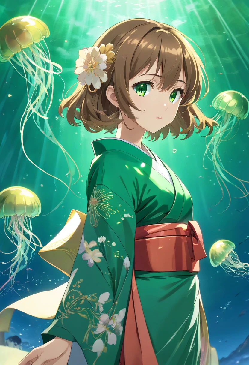 ((Kimono girl)), ((Best quality)), ((Masterpiece)), ((Realistic)), full bodyesbian, Hair with metal hair accessories, ((Green eyes)), Female face, Metal engraved tabletop, Royal Halo, trends in art station , Sharp focus, studio photo, intricately details, Very detailed, 詳細な目, illustration, Very detailed, Sharp focus, A digital rendering, professional, 4K,((Jellyfish monsters in Greek mythology))