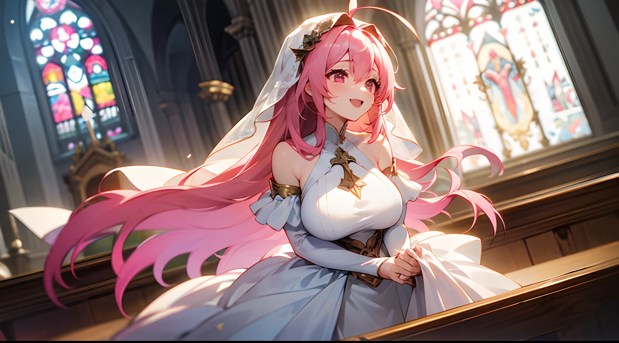 1 girl, game CG, white bride dress, shoulders visible, veil, gigantic breasts, pink hair, long hair, straight hair, ahoge, pink eyes, happiness, church,
