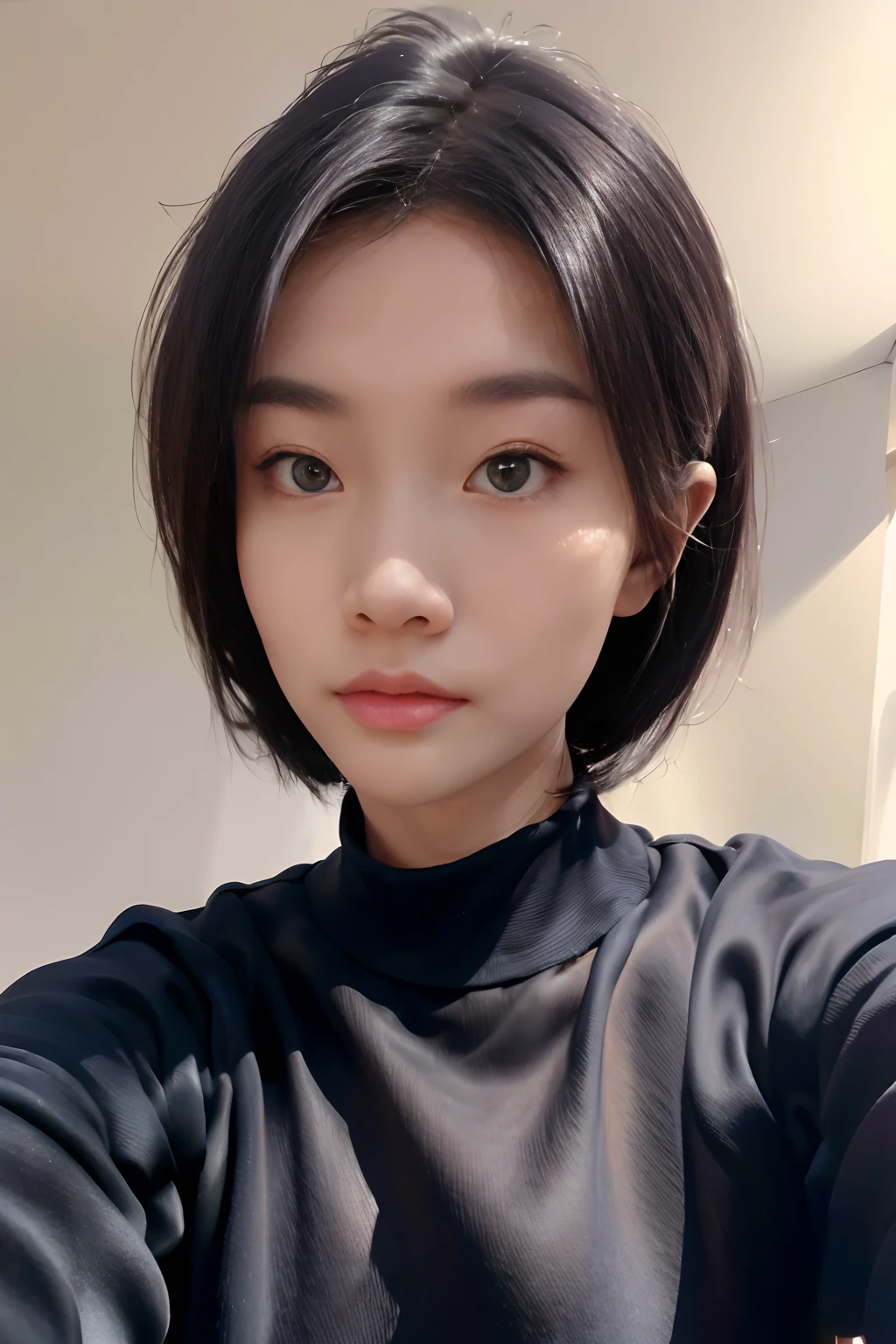 (masterpiece:1.3), (8k, photorealistic, RAW photo, best quality: 1.4), (1girl), beautiful face, (realistic face), (black hair, short hair:1.3), beautiful hairstyle, realistic eyes, beautiful detailed eyes, (realistic skin), beautiful skin, (sweater), absurdres, attractive, ultra high res, ultra realistic, highly detailed, golden ratio