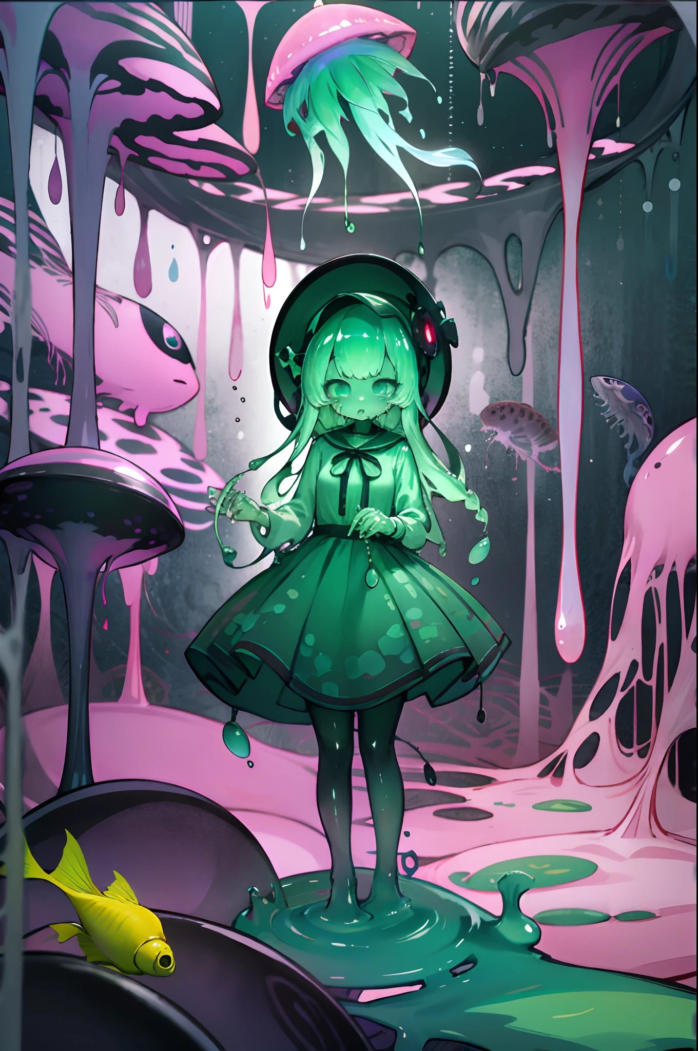 Anime ****, Slime girl, , Green all over, abyssal, Jellyfish head, Fish