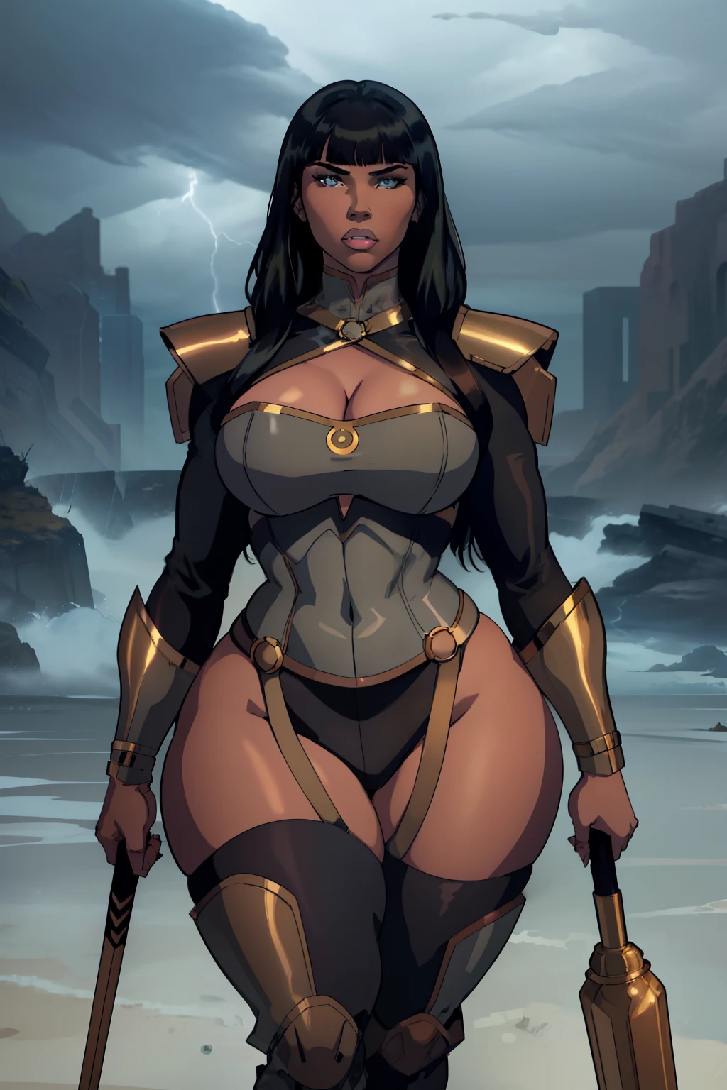 (masterpiece), (best quality), ((Nicki Minaj)), curvy, makeup, (bronze skinned female), (thick thighs), ((wide waist)), hair with bangs, ((storm outfit)), ((grey background)), contoured