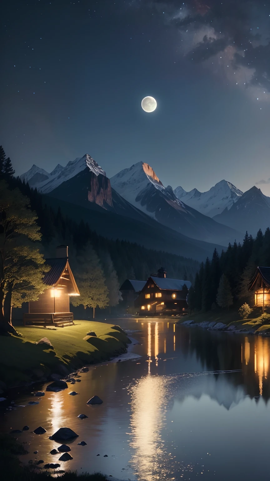 (best quality,4k,8k,highres,masterpiece:1.2),ultra-detailed,(realistic,photorealistic,photo-realistic:1.37),nature,cottagecore,night,full moon,blue moon,serene atmosphere,rustic cottage,sleeping village,glowing lanterns,twinkling stars,flickering fireflies,magical forest,dense foliage,whispering trees,rustling leaves,gentle breeze,moonlit meadow,majestic mountains,flowing river,peaceful stillness,enchanted garden,fragrant flowers,verdant grass,cozy fireplace,soft candlelight,tranquil pond,reflections on water,dreamy ambiance,warmth and serenity,harmony with nature,serene color palette,elegant simplicity,mystical and ethereal,subtle shades of blue and purple,luminous moonlight,golden moonbeams,softly glowing sky,sublime and tranquil atmosphere,captivating and enchanting scenery.
