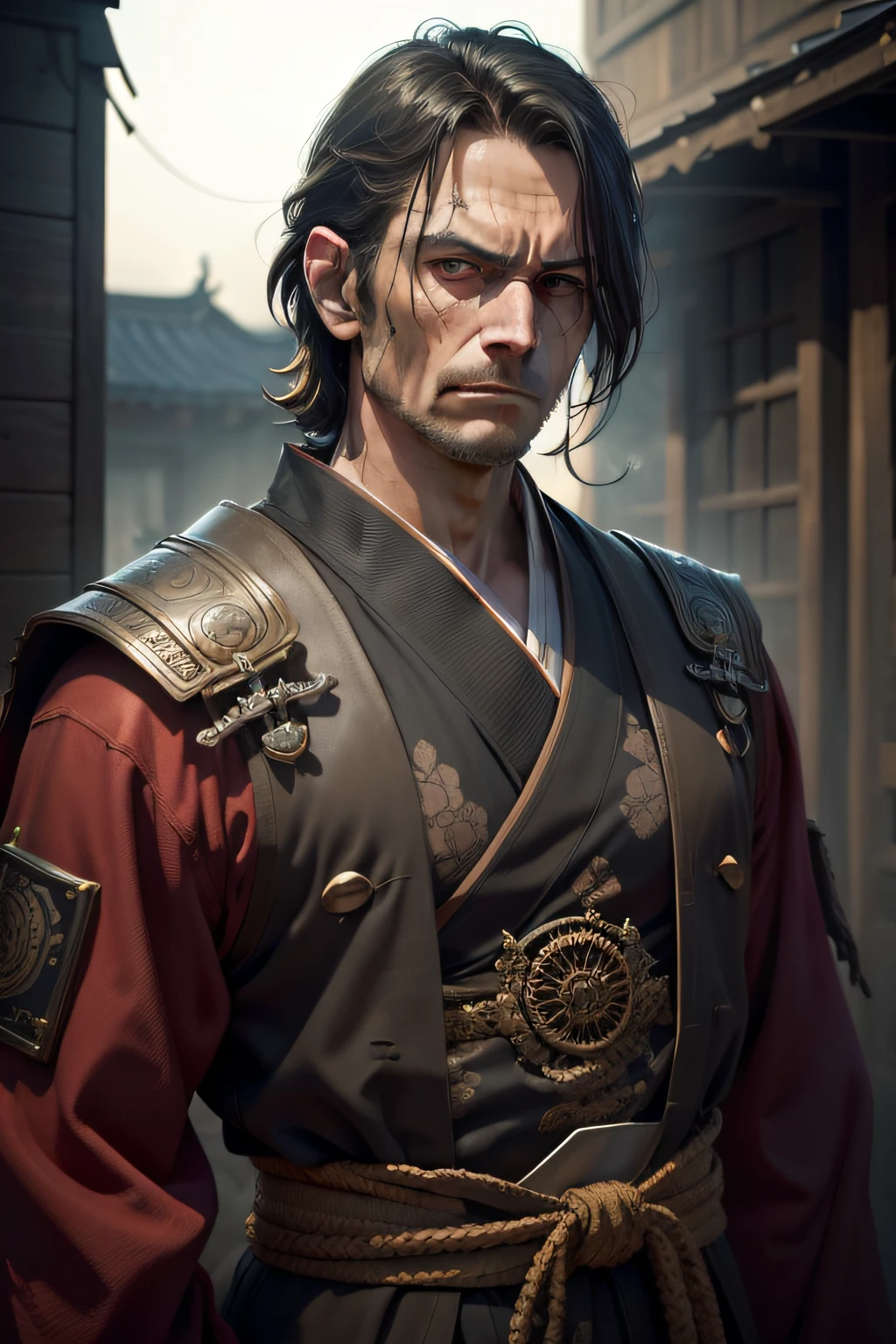 1man, grim facial expression, Post-apocalypse, Solo Focus, Adult, Old times,femele、tearoom、Temples、 Realistic, dynamic pose realistic, Detailed and correct facial structure, Dark atmosphere, Blade Ornament, wearing kimonos、 Attractive, Cinematic lighting, Warring states period、Trending on ArtStation, Intricate details, masutepiece, Best Quality, (((Best Quality))),(((ultra-detailliert))),(((masutepiece)))
