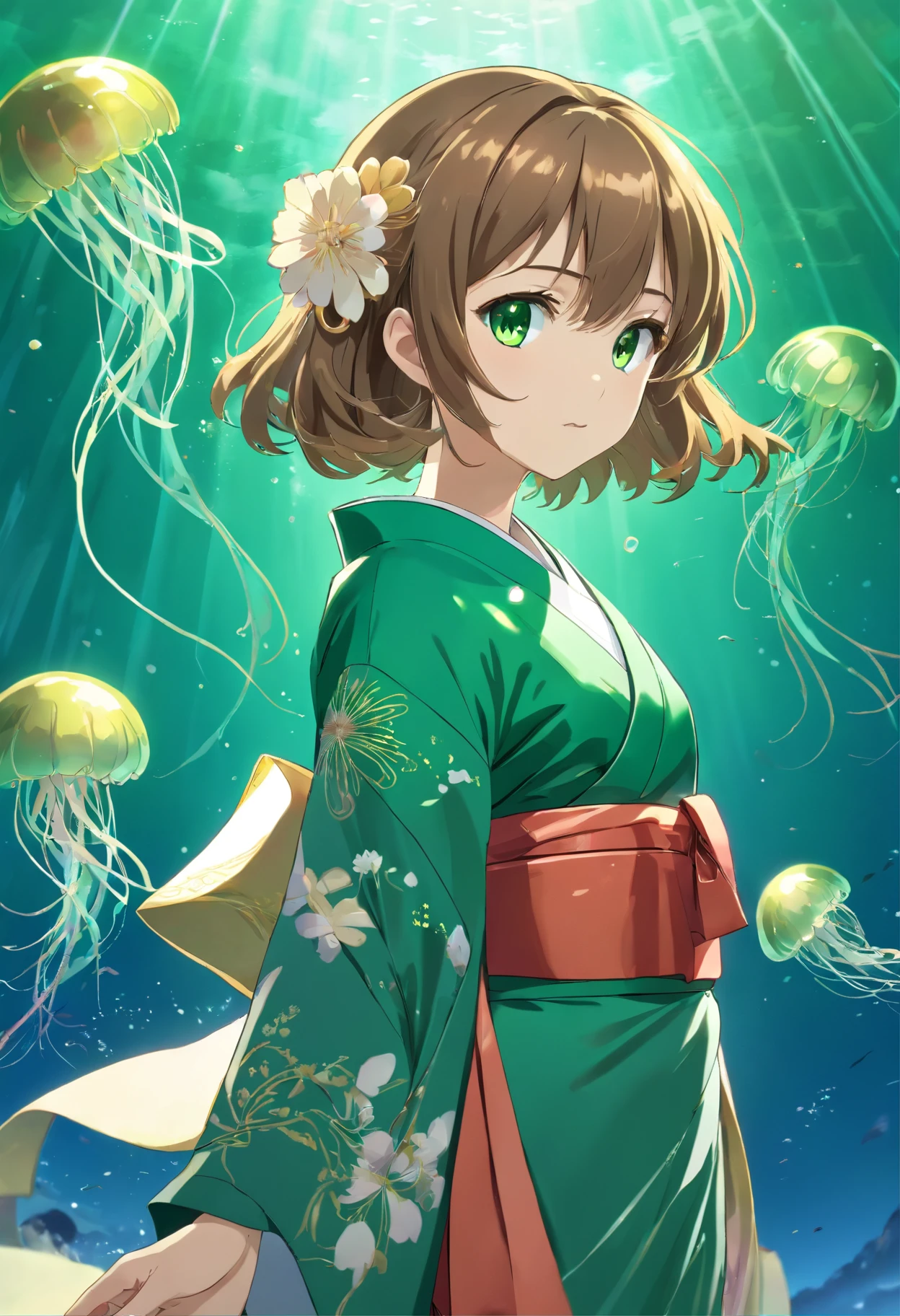((Kimono girl)), ((Best quality)), ((Masterpiece)), ((Realistic)), full bodyesbian, Hair with metal hair accessories, ((Green eyes)), Female face, Metal engraved tabletop, Royal Halo, trends in art station , Sharp focus, studio photo, intricately details, Very detailed, A detailed eye, illustration, Very detailed, Sharp focus, A digital rendering, professional, 4K,((Jellyfish monsters in Greek mythology))