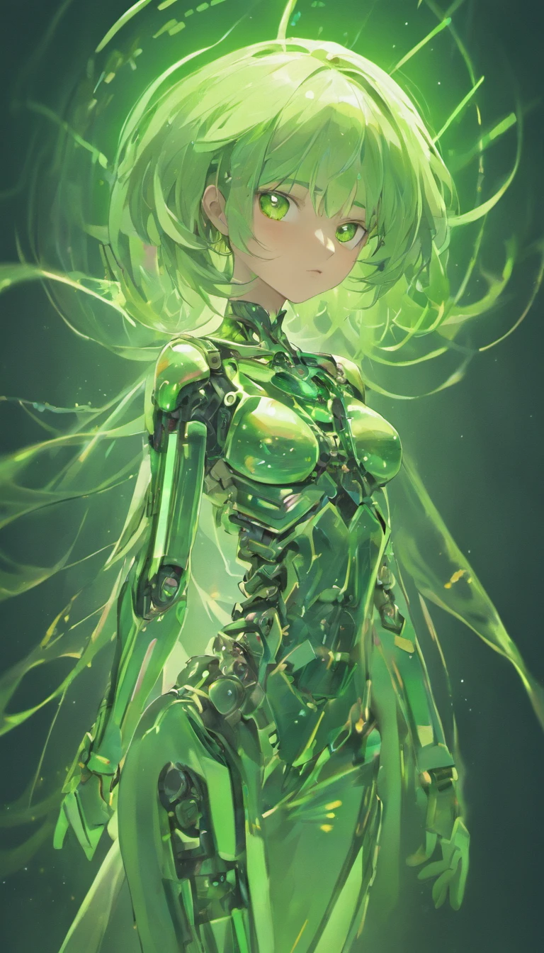 android woman,Translucent plastic body,With robot skeleton,Carbon texture,Plastic surface,Serenity glowing eyes,Asymmetrical spike hairs,White hair,Green eyes,Earphone,Gas masks,by WLOP,Realistic,8K,hdr,Stable diffusion XL,Radical art style,Cute girl