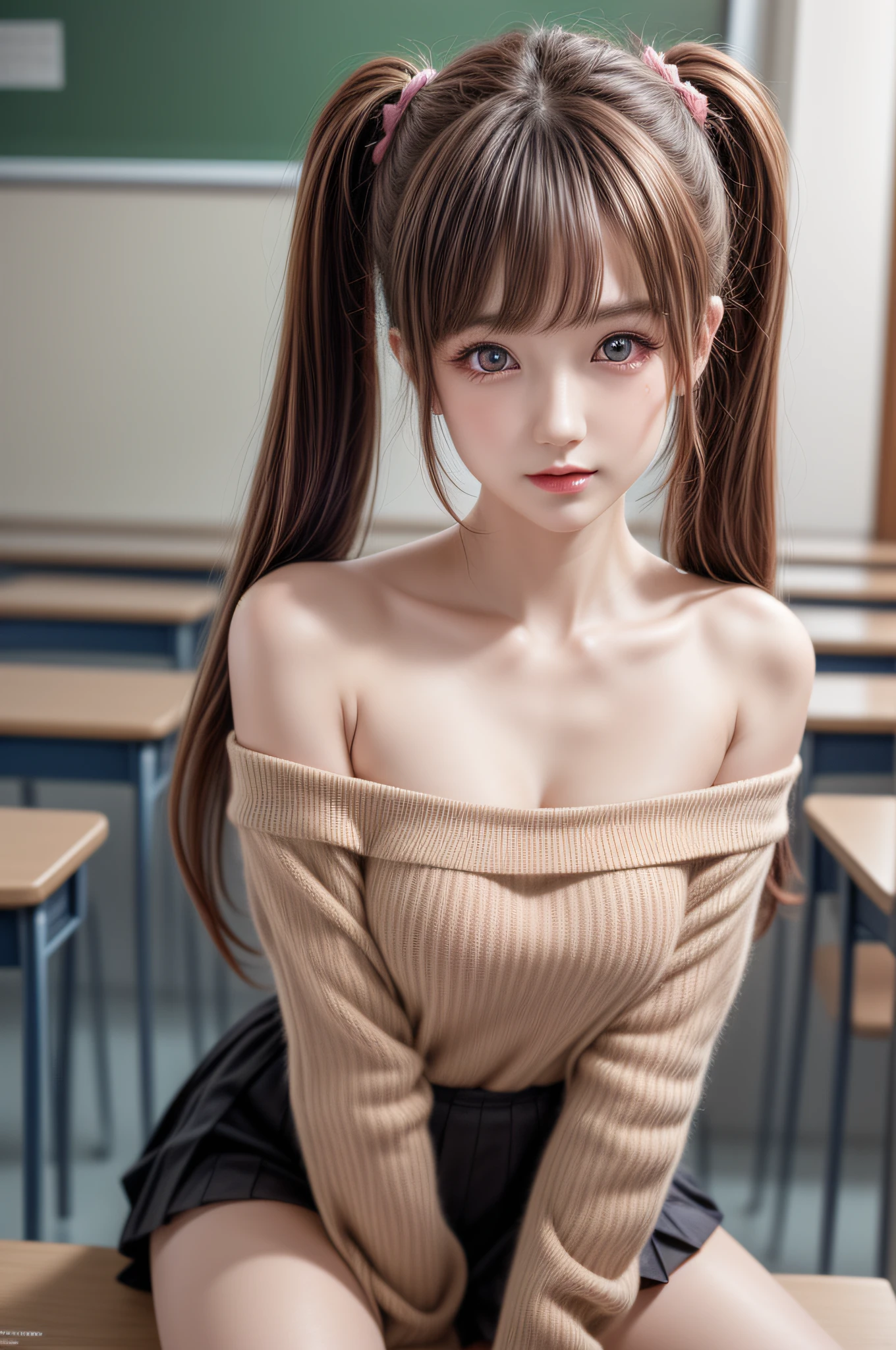 ((1girl in)), ((Best Quality)), (Ultra-detailed), (extremely detailed CG unified 8k wallpaper), Highly detailed, High-definition raw color photos, Professional Photography, (Twintails), Brown hair, Amazing face and eyes, Pink eyes, (amazingly beautiful girl), School, classroom, off shoulder,