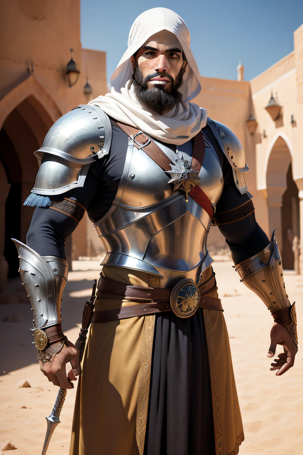 Arabian warrior medieval Morocco bald beard handsome muscular full armor wear leads army in Moroccan environment Masterpiece Ultra Detail Ultra Realistic 3 Point Perspective Dynamic Pose