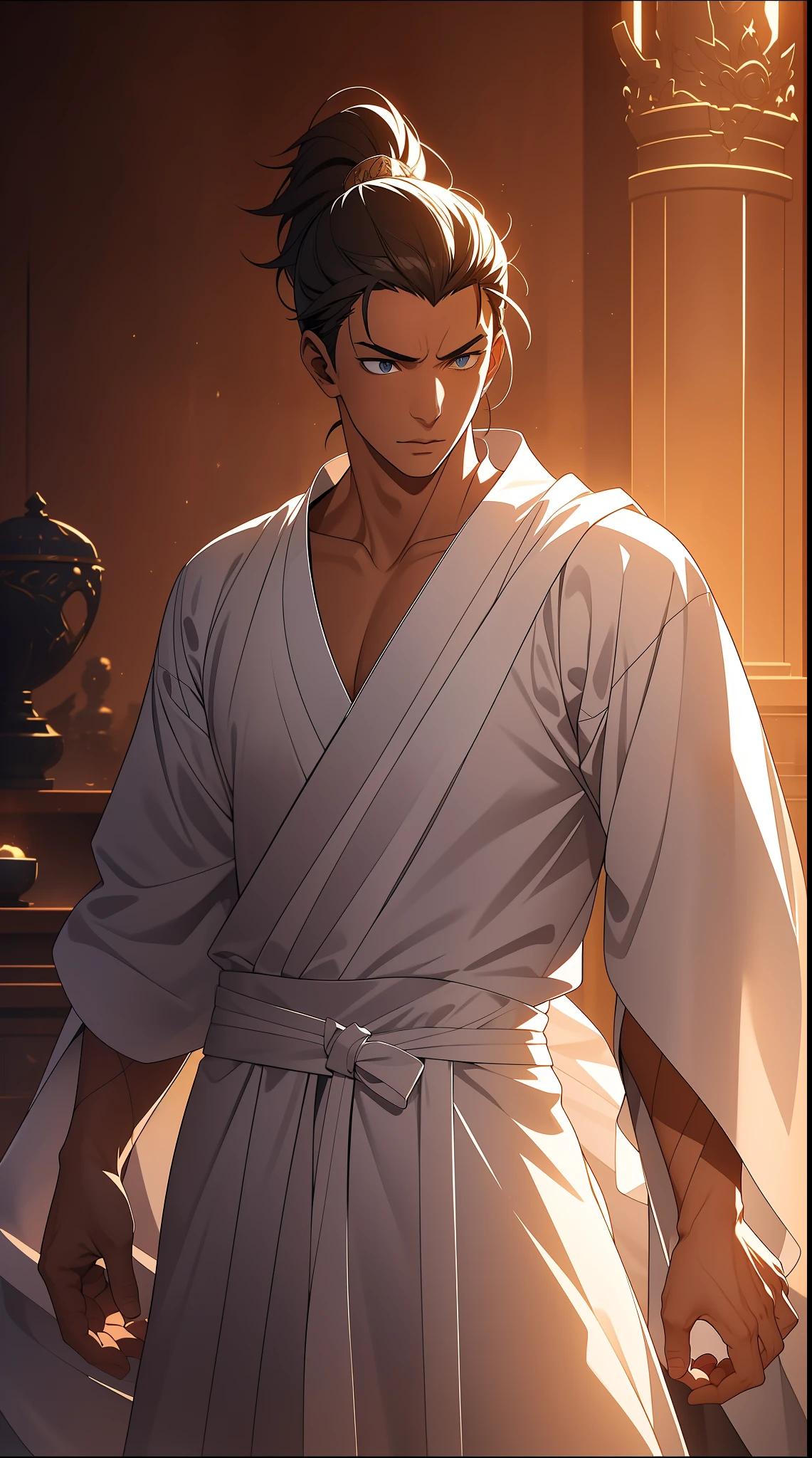 quadratic element,style of anime,mtu(Male Warrior),The proportions are correct,Face details,swordsmen,High ponytail hairstyle,Neck details,There is an Adam's apple,White robe,kaftan,long white robe,clothes details,Handing over,longer sleeves,Game quality,Swordsmanship,Light and shadow tracking,Ray traching,detailed glow,cg render,hair detail,cabelos preto e longos,blue colored eyes,Handsome,Handsome,(juvenile sense),Clothing is complicated,Perfectcomposition,Refinement,high qulity,higher details,Lots of details,The background is complex,a sense of atmosphere,