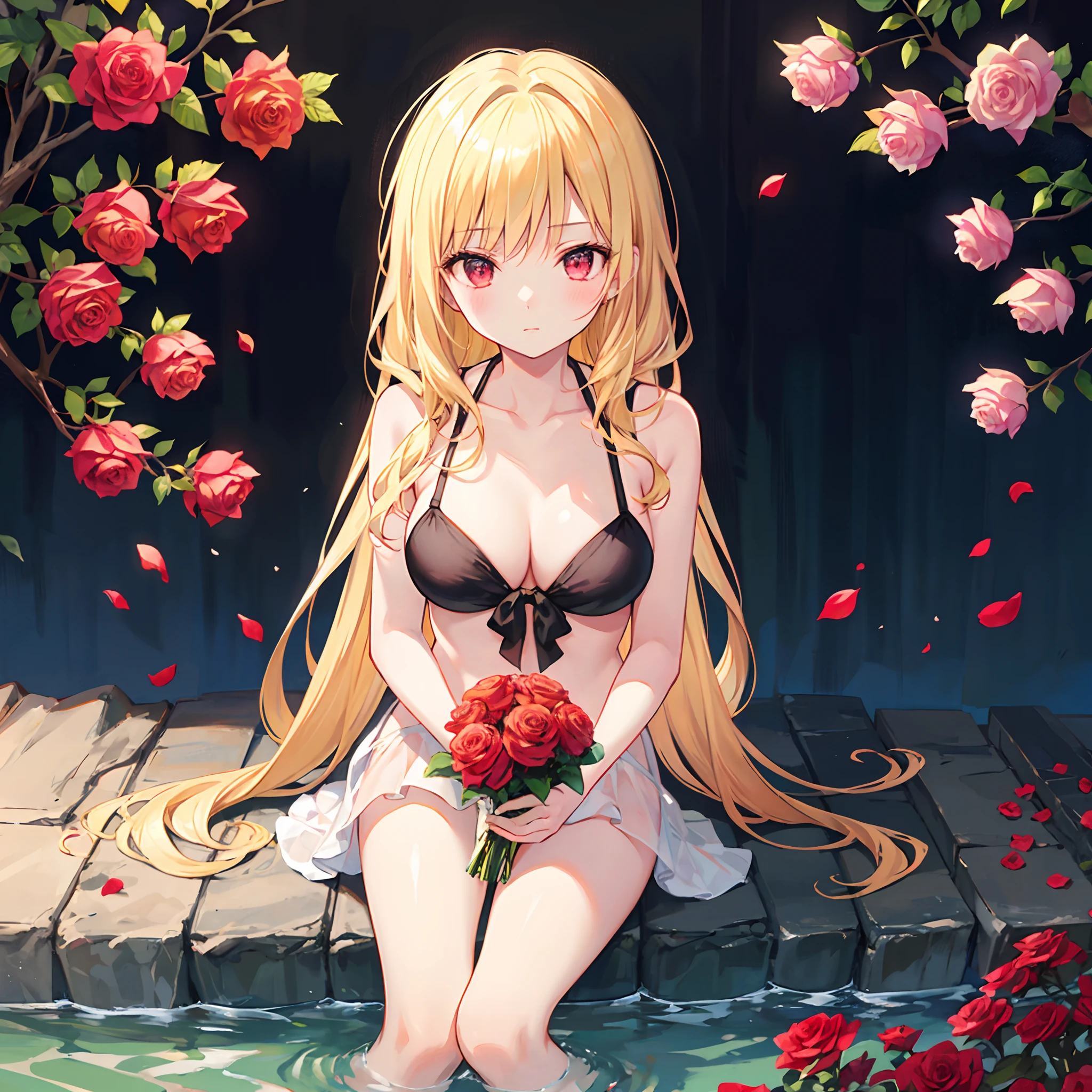 Wavy blonde、red eyes、Beautiful girl alone、The bikini、gravure、sitting on、rose garden、Bouquet of roses、Gentle expression
