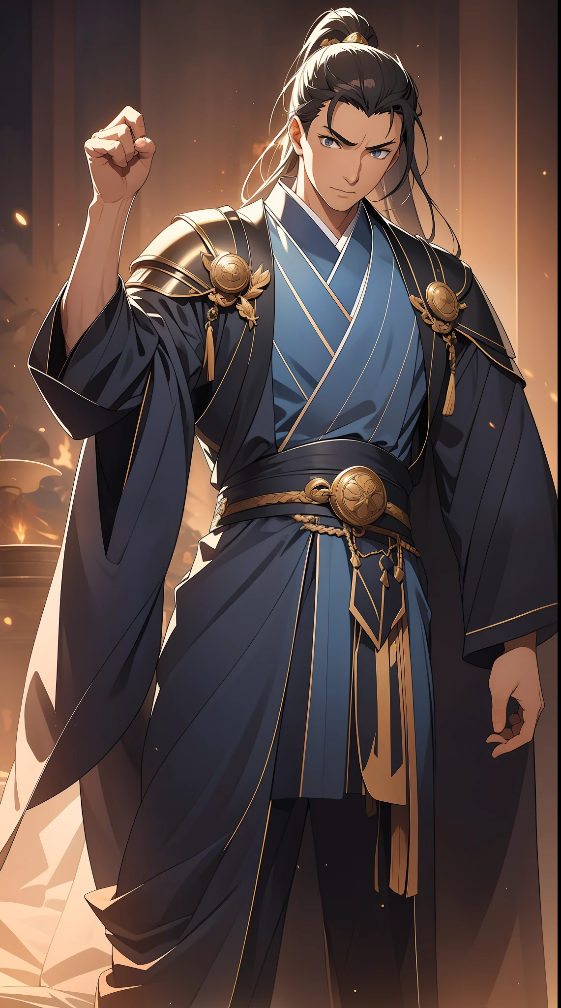 quadratic element,style of anime,mtu(Male Warrior),The proportions are correct,Face details,swordsmen,High ponytail hairstyle,Neck details,There is an Adam's apple,Blue suit,kaftan,long blue robes,clothes details,Handing over,longer sleeves,Game quality,Swordsmanship,Light and shadow tracking,Ray traching,detailed glow,cg render,hair detail,Black long hair,blue colored eyes,Handsome,Handsome,(juvenile sense),Clothing is complicated,Perfectcomposition,Refinement,high qulity,higher details,Lots of details,The background is complex,a sense of atmosphere,