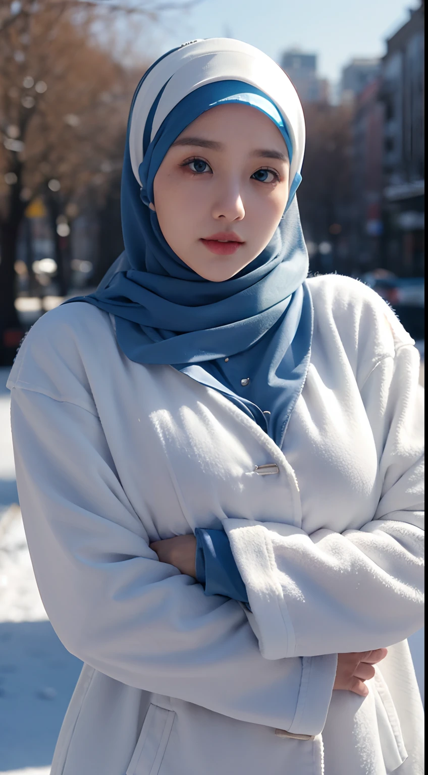 1girl, 21 years old, beautiful girl, (white shirt, pattern), collarbone, beautiful blue eyes, ((wearing hijab:1.4)), natural make up, building, winter trench coat, day, ripped denim jeans, fur-trimmed_coat, fur-trimmed_jacket, fur_collar, fur_trim, jeans, jewelry, big bust, (Gigantic Breasts:1.2, heavy hanging breasts, perfect round shape breast), realistic face ,(better lips, detailed nose ,detailed eyes ,cute face), looking_at_viewer, full body potrait, navel, necklace, half naked , most gigantic boobs, outdoors, sky, snow, snowing, solo, window, winter, ((ultra detailed ,masterpiece ,hyper detailed, highest quality resolution, best quality, photorealitic ,cinematic light, bokeh)), beautiful korean girl, detailed_eye, face, detailed eyes