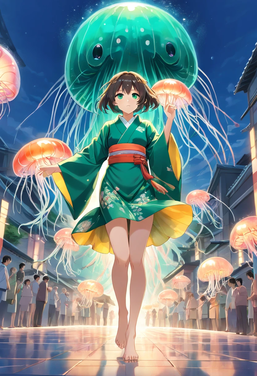 ((Kimono girl)), ((Best quality)), ((Masterpiece)), ((Realistic)), full bodyesbian，Barefoot，There are tattoos on the legs, Hair with metal hair accessories, ((Green eyes)), Female face, Metal engraved tabletop, Royal Halo, trends in art station , Sharp focus, studio photo, intricately details, Very detailed, A detailed eye, illustration, Very detailed, Sharp focus, A digital rendering, professional, 4K,((Jellyfish monsters in Greek mythology))