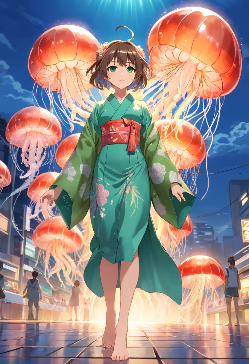 ((Kimono girl)), ((Best quality)), ((Masterpiece)), ((Realistic)), full bodyesbian,Barefoot,There are tattoos on the legs, Hair with metal hair accessories, ((Green eyes)), Female face, Metal engraved tabletop, Royal Halo, trends in art station , Sharp focus, studio photo, intricately details, Very detailed, A detailed eye, illustration, Very detailed, Sharp focus, A digital rendering, professional, 4K,((Jellyfish monsters in Greek mythology))