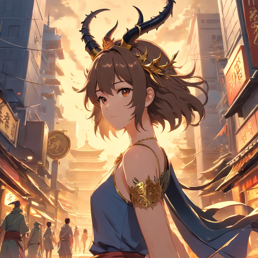 Modern city streets and buildings, author:Kishiganku, Fantasy art, Zen temple background, clean render, a horned, Detailed bushido form smoke, Forgotten gods, 8k Realistic, in game render, detailed face background detail, Art station front page, taur, Pseudo-medieval fantasy, God and koi design, Detailed bronze design, Bronze design, Gold etched design, Gold obsidian design, Light gold design, Gorgeous filigree design, demon, Gorgeous mulch covered with thorns, Intricate Assasin design, Complex metal design, The gorgeous design is decorated with intricate designs, Has a large crown and two horns, Everything is in the dark, The smoky background alludes to battle scenes, Lend an ominous aura, (Full view, at full size)