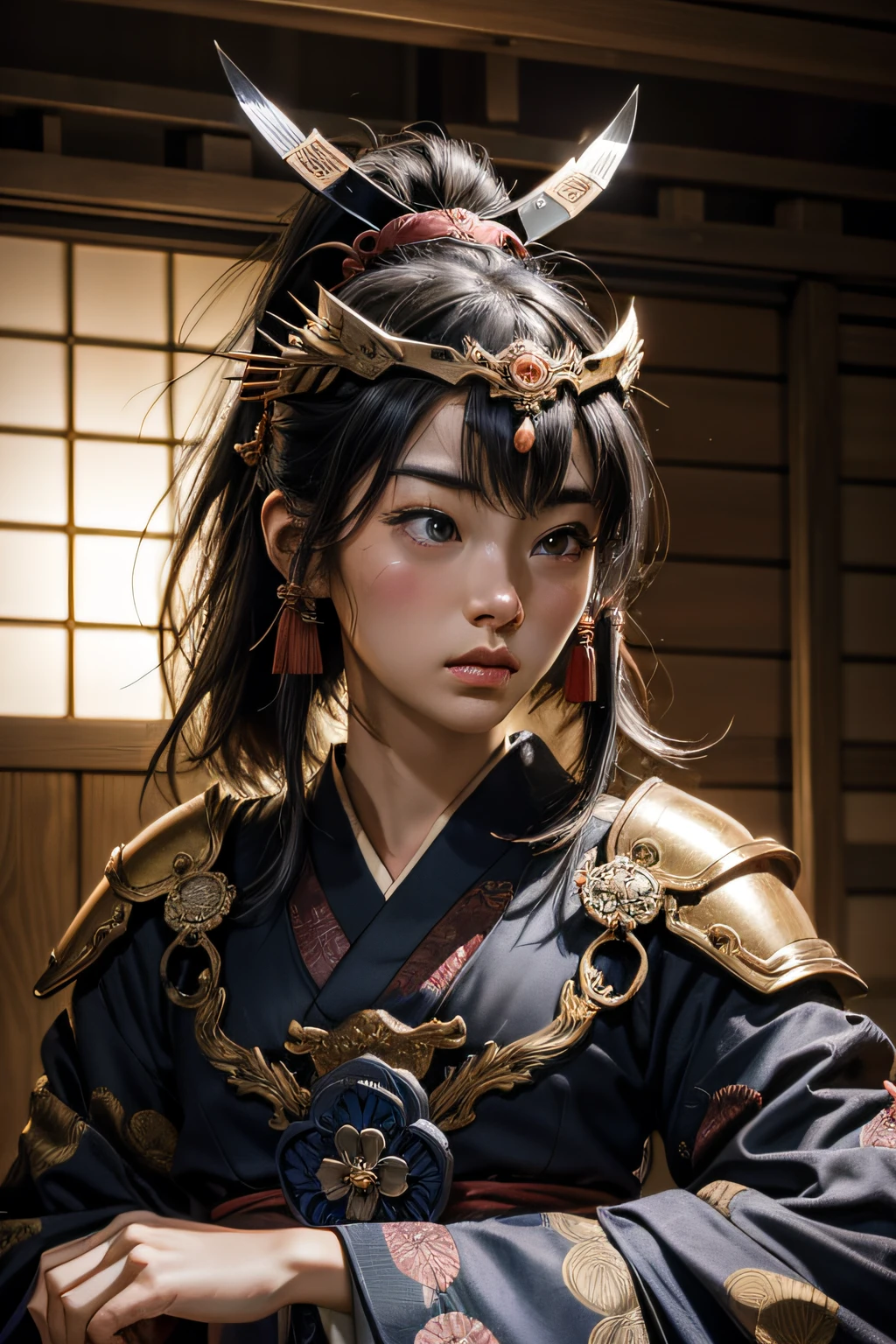 femele, samurais、samurais、fight、And、Quality、Old times、(wearing Japanese kimono) , armor,Japanese armor、 Cinematic touch, (The inside of the castle is the background),Gentle image, Beautiful fece,( in 8K）、Chiseled facial features、Pale facial features、japanes、jpn、Warring states period、1500s、15th century