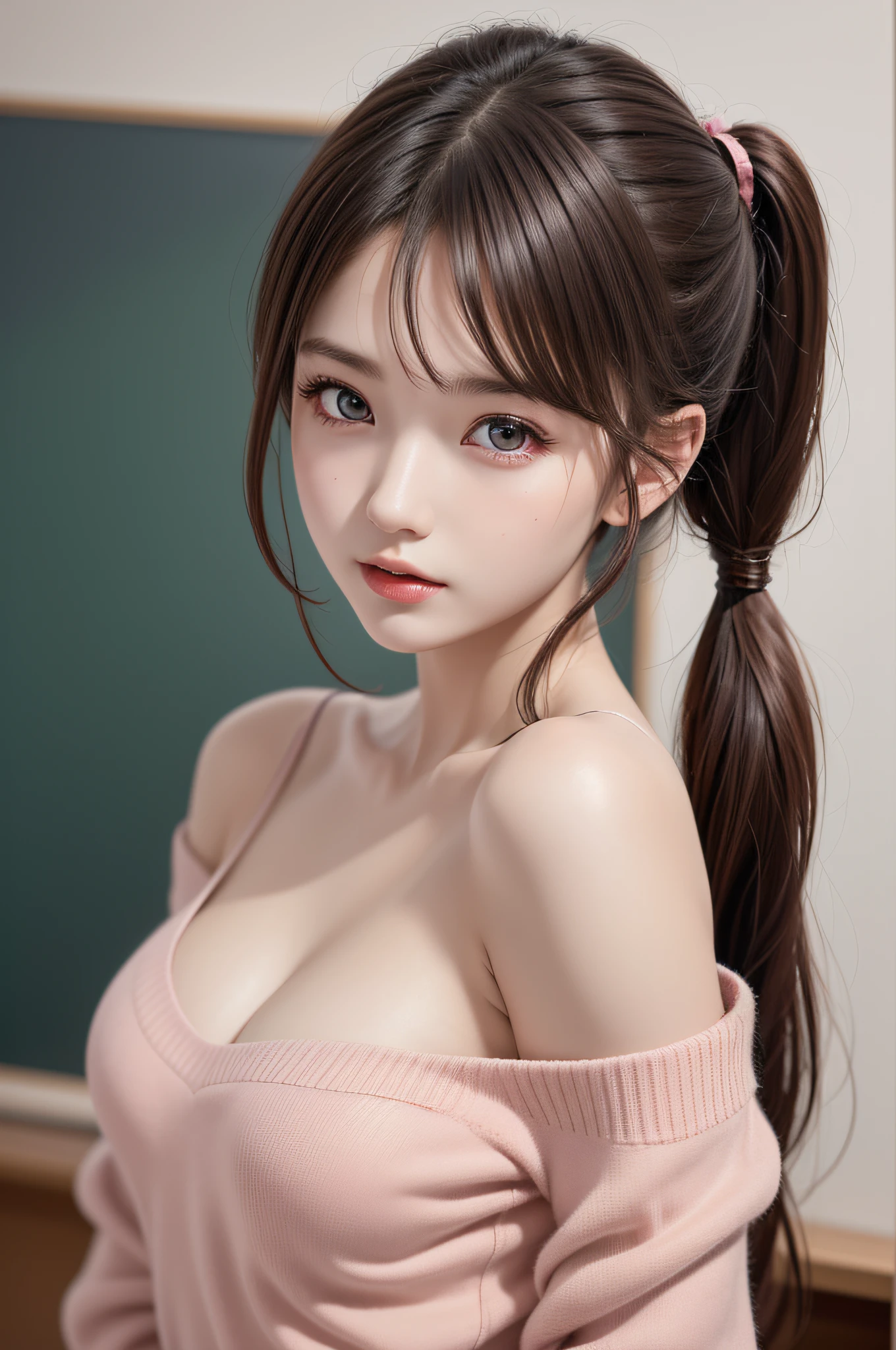 ((1girl in)), ((Best Quality)), (Ultra-detailed), (extremely detailed CG unified 8k wallpaper), Highly detailed, High-definition raw color photos, Professional Photography, (Twintails), Brown hair, Amazing face and eyes, Pink eyes, (amazingly beautiful girl), School, classroom, off shoulder,