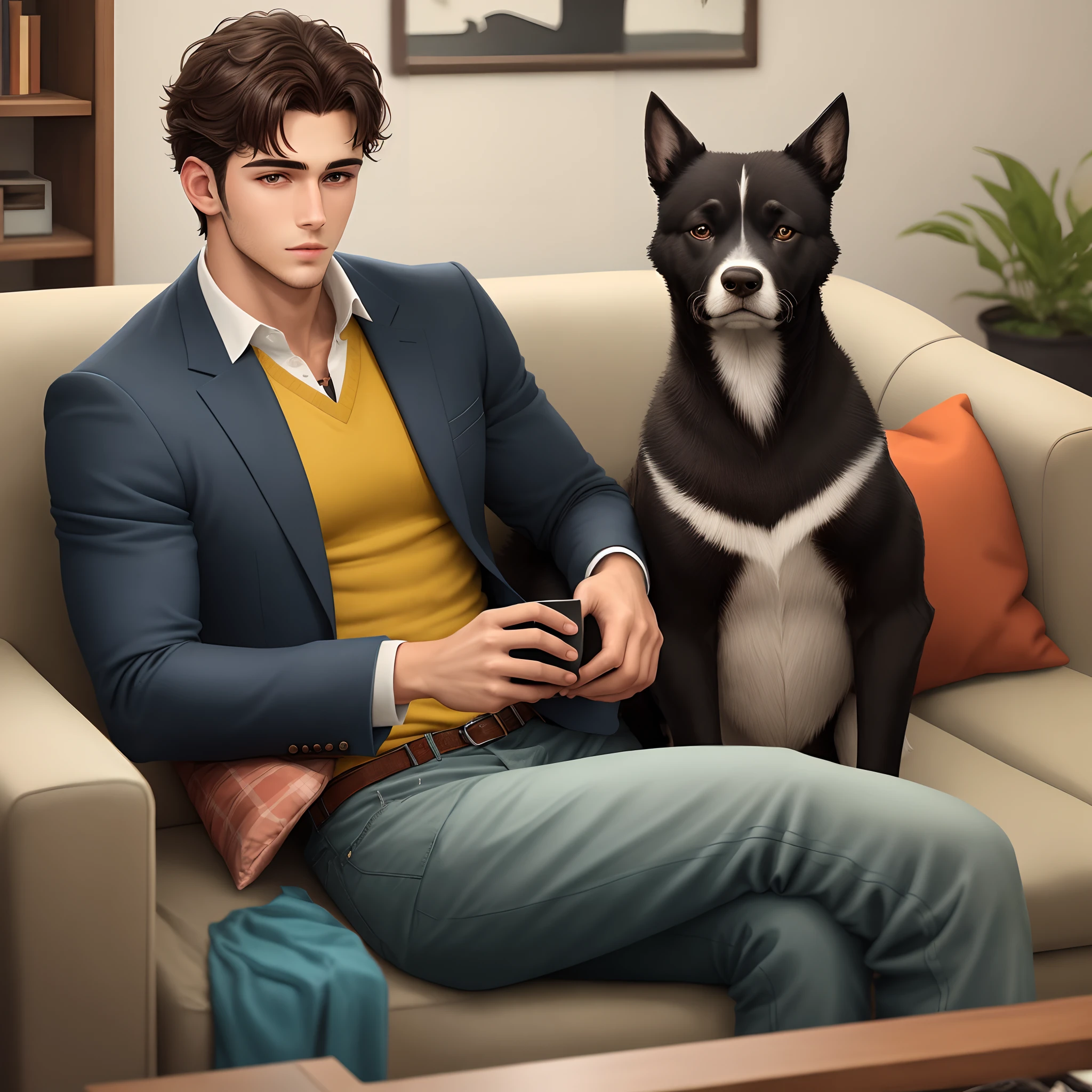 A handsome boy sits on the sofa,Holding a black Maine in his hand,gaze front