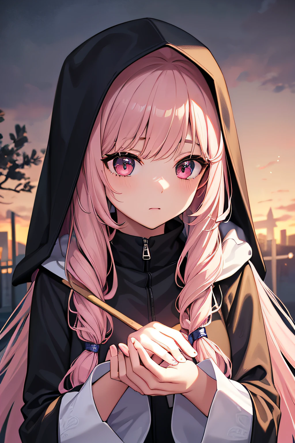 With a girl in a cute hood wrapped in thick fog、Female Grim Reaper Protecting a Girl from Behind,Wielding a scythe,Emerge from the swirling shadows.Stand in the Cemetery of Forgotten Souls.(Light brown and light pink striped hair:1.3,),Perfect face,Proper body proportion,masutepiece,Super high-quality output images,超A high resolution,Intricate details,Very delicate and beautiful hair,photographrealistic,Dreamy,Professional Lighting,realistic shadow,Solo Focus,Beautiful hands,Beautiful fingers,Detailed finger features,detailed clothes features,Detailed hair features,detailed facial features,