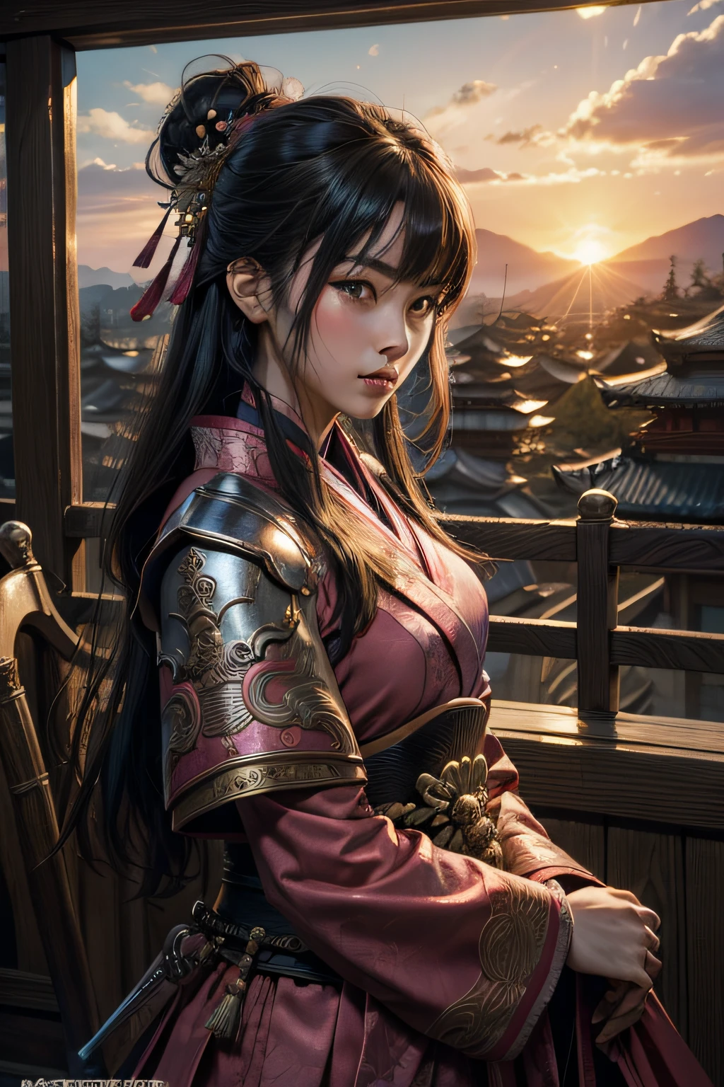 ((top-quality)), ((​masterpiece)), ((Photorealsitic)), (ultra-detailliert),（Upper body only）,（femele）（Detailed facial features）、（Sunset time）、（early evening）、（The time when the afternoon has passed）、（clothed）、 No watermark signature, The background is the battlefield、fight、Old times、Old-fashioned world, 细致背景, insanely detaileda, complexly detailed, ((​masterpiece)), absurderes, HDR, UHD, 8K, (Align Center, Frame Center), (foco nítido, charactor focus), 1womanl, japanese samurai,Pink armor、 japanes、Wearing Japan pink armor,Pink armor、Sengoku Warlord, samurais、animesque