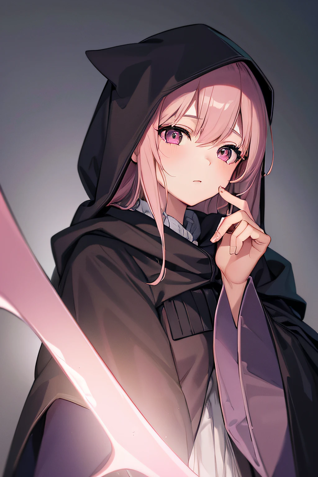 With a girl in a cute hood wrapped in thick fog、Female Grim Reaper Protecting a Girl from Behind,Wielding a scythe,Emerge from the swirling shadows.Stand in the Cemetery of Forgotten Souls.(Light brown and light pink striped hair:1.3,),Perfect face,Proper body proportion,masutepiece,Super high-quality output images,超A high resolution,Intricate details,Very delicate and beautiful hair,photographrealistic,Dreamy,Professional Lighting,realistic shadow,Solo Focus,Beautiful hands,Beautiful fingers,Detailed finger features,detailed clothes features,Detailed hair features,detailed facial features,
