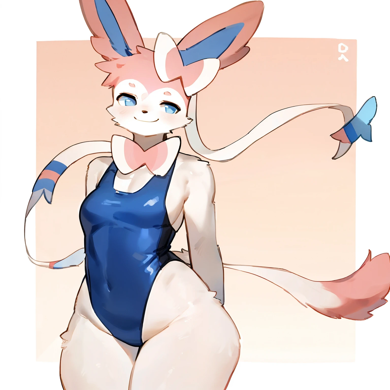 by bebebebebe, by goonie-san, by washlet_mskm, solo, female, sylveon, fluffy fur, tail, one tail, smile, lithe body, wide hips, one-piece swimsuit.