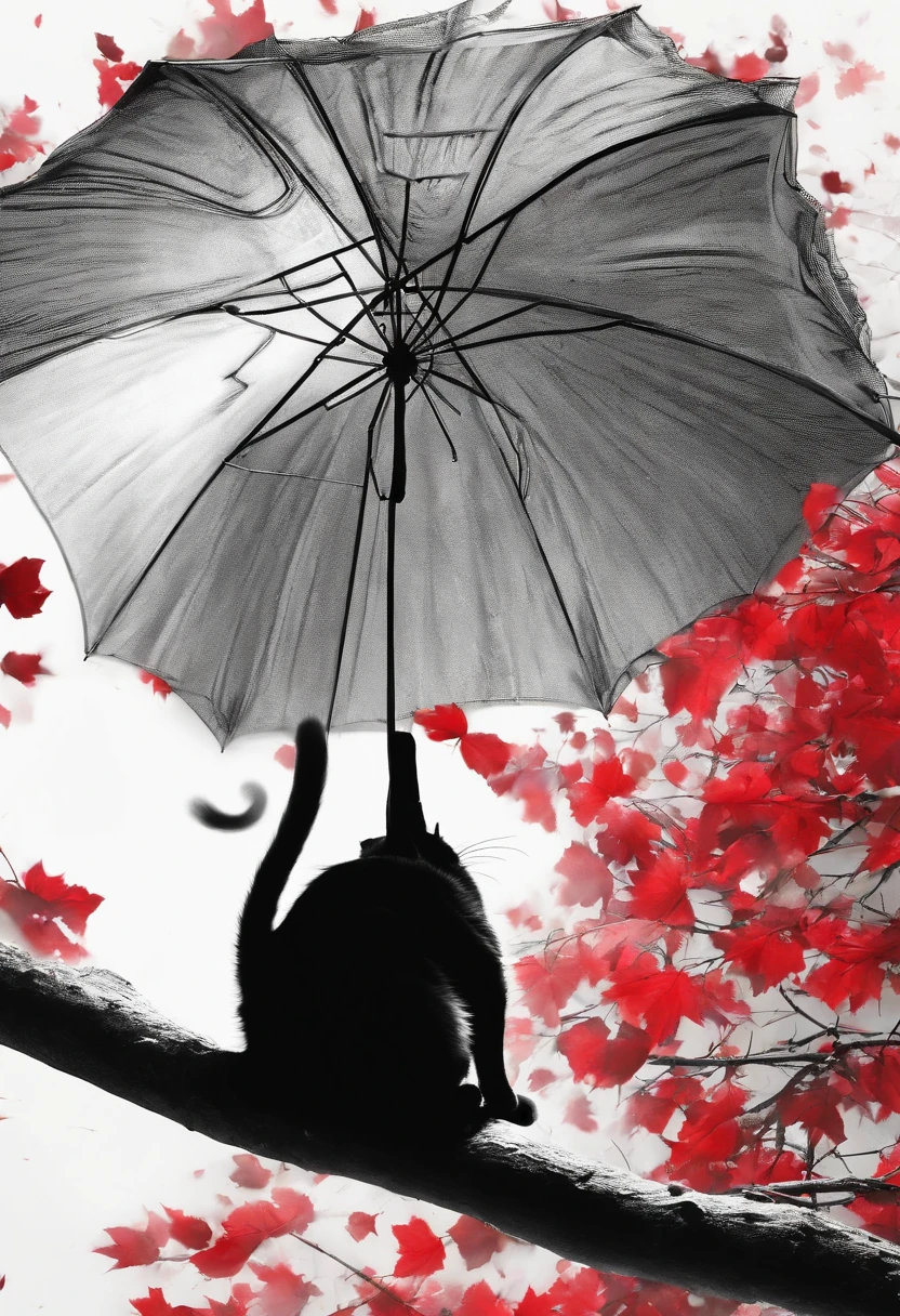 Best Quality 4k Black Cat Silhouette Red Umbrella White Background Backlit Simple