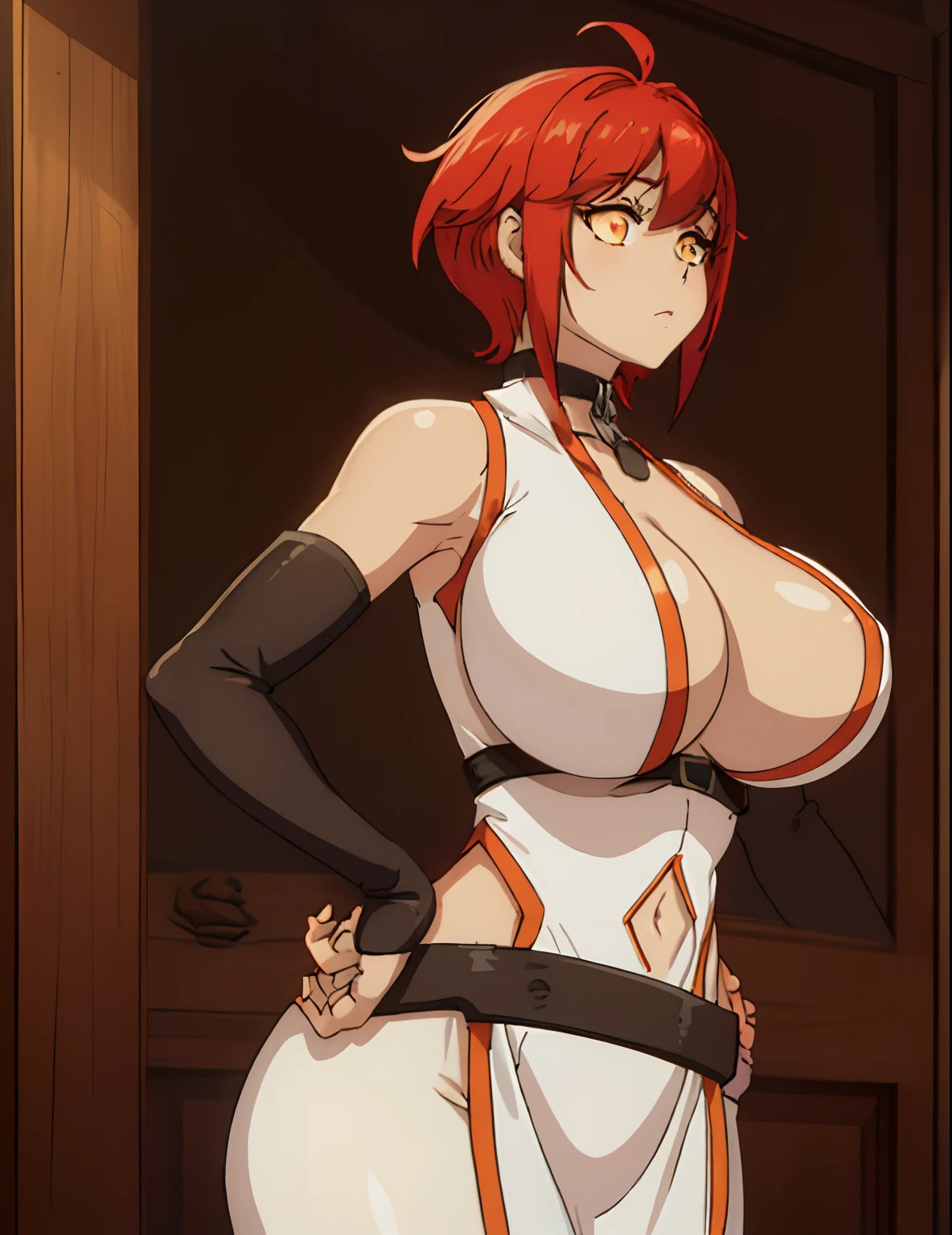 place：(day:1.7), in forest village, wooden kitchen ,brick_wall,

action：dungeon, standing, (large breast:1.5), dynamic pose,

trappings：(White_Sleeveless_Shirt:1.2),(Black_Choker),arm_strap, armband, bare_shoulders,red pants,belt,Deep_cleavage,(navel:1.1),cleavage cutout, (small talons on the forearm:1.2),

The character：choker,

the hair：(tall:1.2), (short_red_hair:1.2155), yellow eyes,bangs,

Eye expressions：looking at viewer, (innocent_big_eyes:1.3),

Quality: official art,extremely detailed CG unity 8k wallpaper, perfect lighting,Colorful, Bright_Front_face_Lighting, (masterpiece:1.0),(best_quality:1.0), ultra high res,4K,ultra-detailed, photography, 8K, HDR, highres, absurdres:1.2, Kodak portra 400, film grain, blurry background, bokeh:1.2, lens flare, (vibrant_color:1.2)

big breasts body: (Beautiful,large_Breasts:1.4), (narrow_waist), (skindentation, narrow waist, thighs, wide hips, half eye close, eyeliner, eyelashes, perfect face, detailed eyes, facial lighting:1.2),