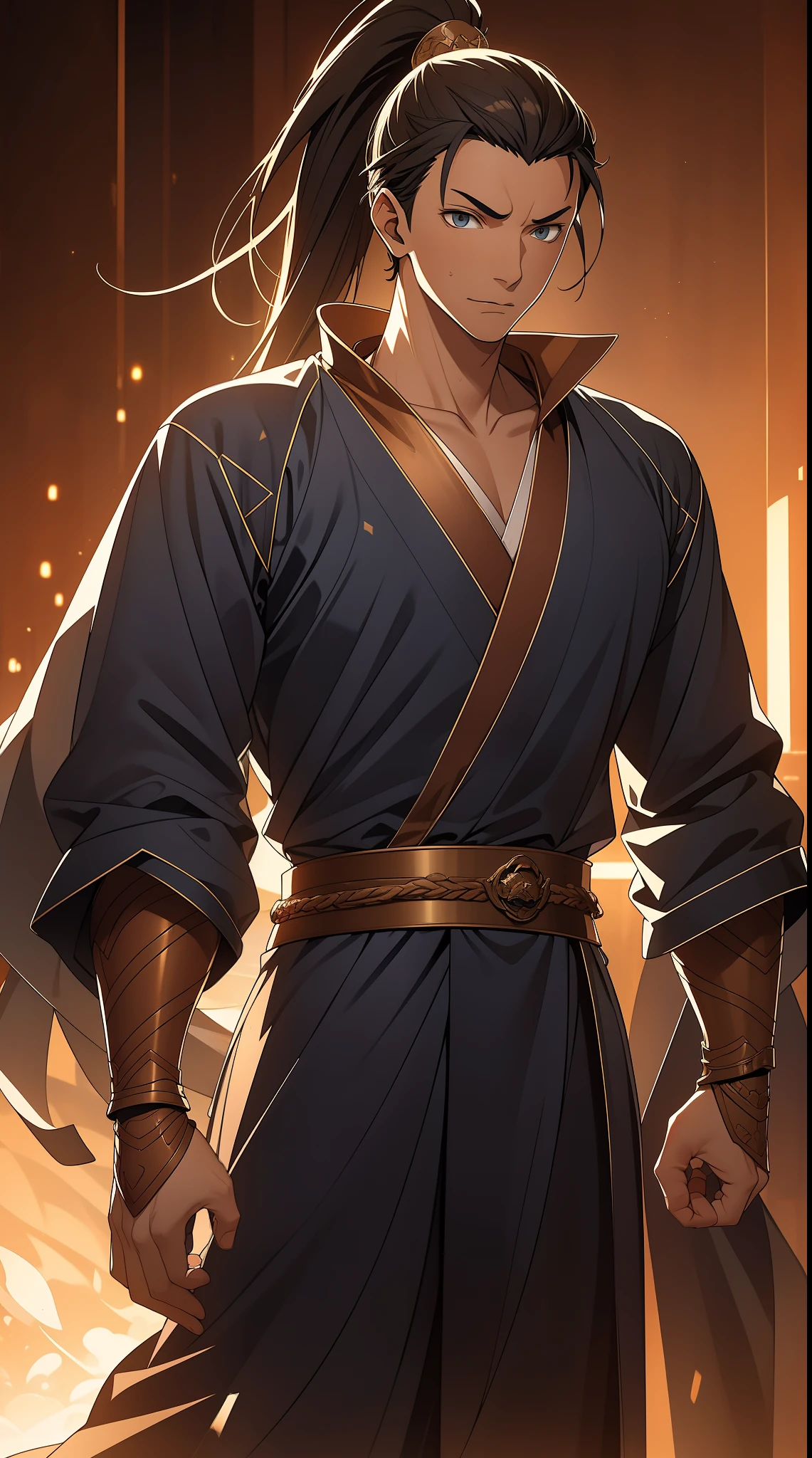 quadratic element，style of anime，mtu（Male Warrior），The proportions are correct，Face details，swordsmen，High ponytail hairstyle，Neck details，There is an Adam's apple，Blue suit，kaftan，long blue robes，clothes details，Handing over，longer sleeves，Game quality，Swordsmanship，Light and shadow tracking，Ray traching，detailed glow，cg render，hair detail，Black long hair，blue colored eyes，Handsome，Handsome，（juvenile sense），Clothing is complicated，Perfectcomposition，Refinement，high qulity，higher details，Lots of details，The background is complex，a sense of atmosphere，