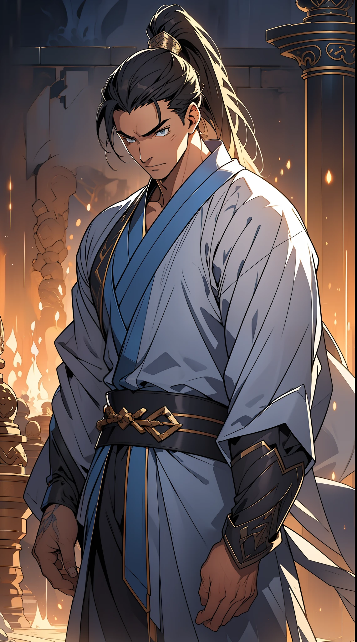 quadratic element,style of anime,mtu(Male Warrior),The proportions are correct,Face details,swordsmen,High ponytail hairstyle,Neck details,There is an Adam's apple,Blue suit,kaftan,long blue robes,clothes details,Handing over,longer sleeves,Game quality,Swordsmanship,Light and shadow tracking,Ray traching,detailed glow,cg render,hair detail,Black long hair,blue colored eyes,Handsome,Handsome,(juvenile sense),Clothing is complicated,Perfectcomposition,Refinement,high qulity,higher details,Lots of details,The background is complex,a sense of atmosphere,