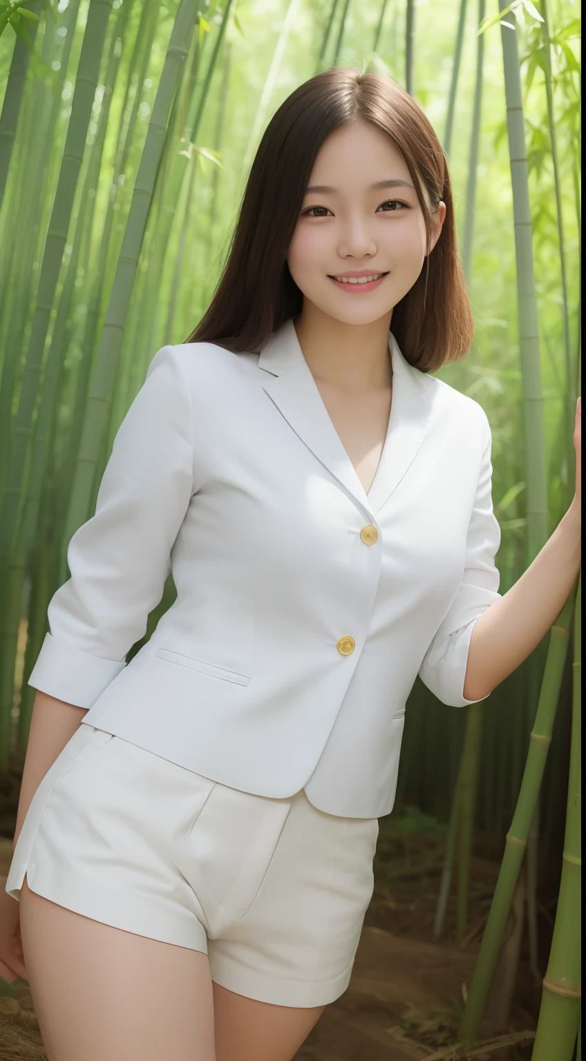 A smiling girl,While wearing a white Business suits,Super short blue denim shorts,Standing in a bamboo forest,com rosto detalhado,The eyes are delicate,The photo quality is the best,Realistic image quality,Background diffuse lighting,Depth of field display。