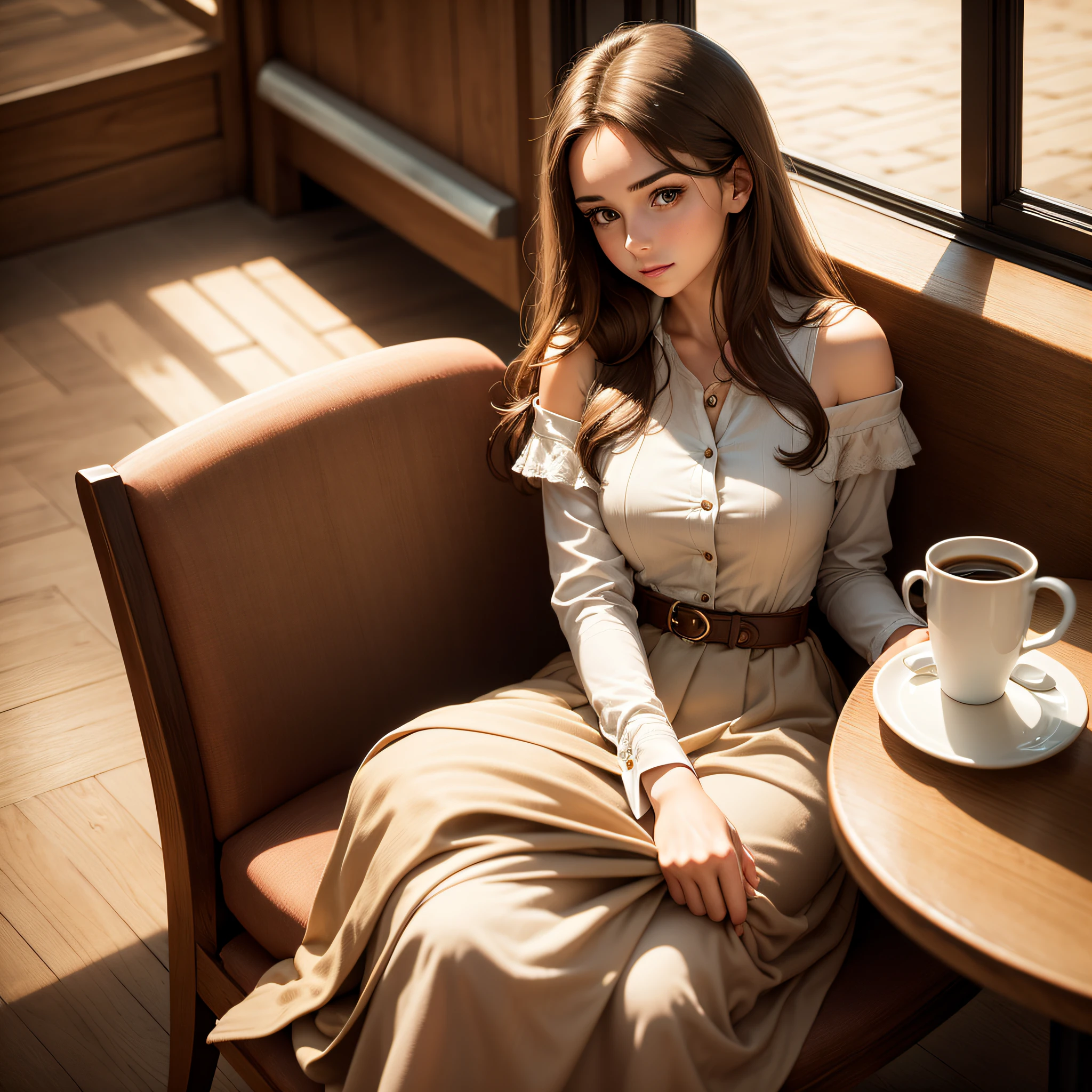 young woman of about 25 years old with long brown hair that fell over her shoulders in elegant 20th century clothes, sitting at a wooden table in a university cafeteria drinking coffee,