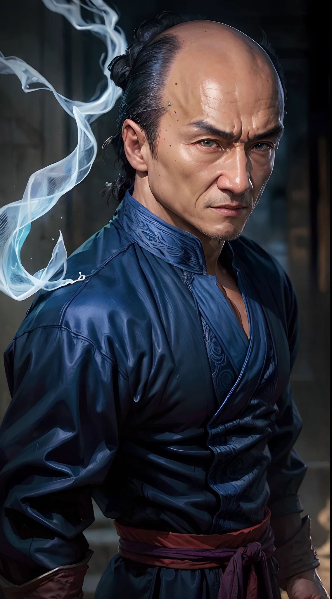 actor ((Jackie Chan)) as Shang Tsung, Mortal Kombat, ((old)), sinister-looking, ((bald spot)), ((goatee)), dark blue long robe, green transparent souls on background, intricate, high detail, sharp focus, dramatic, photorealistic painting art by greg rutkowski