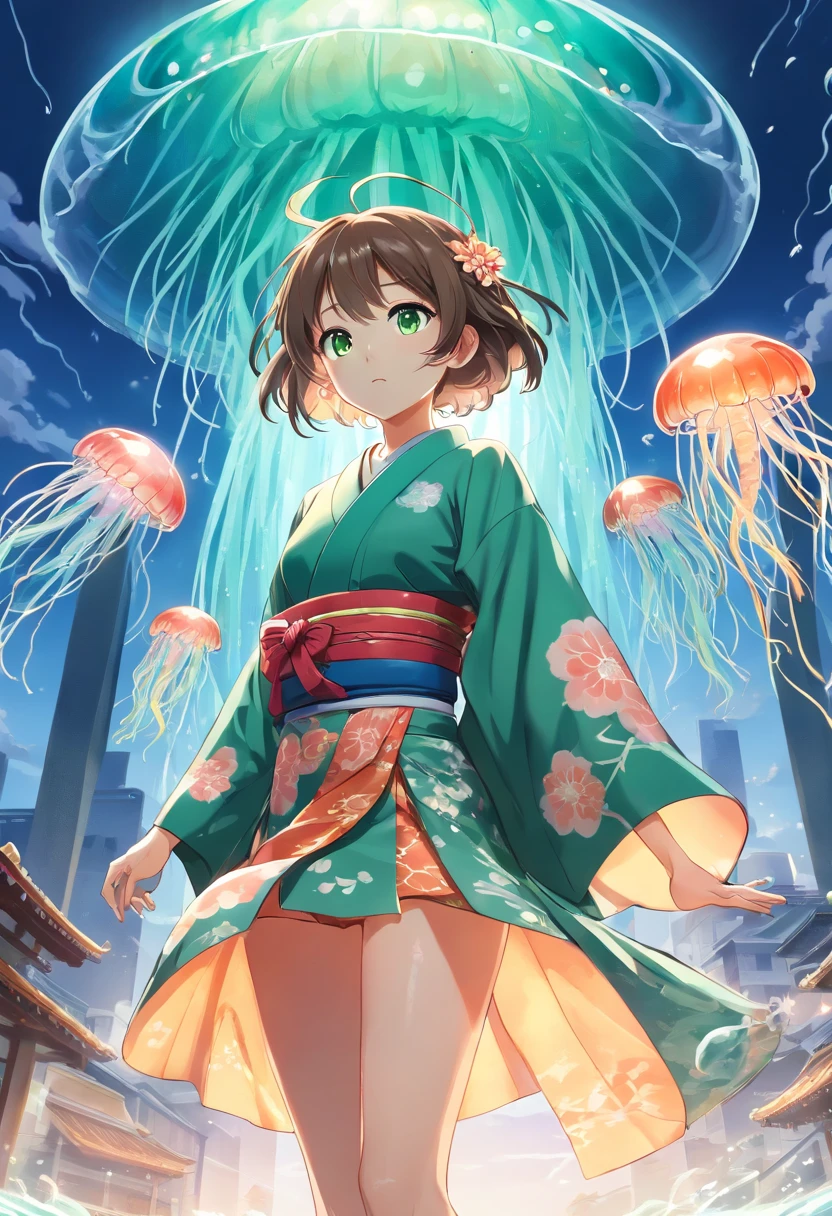((Kimono girl)), ((Best quality)), ((Masterpiece)), ((Realistic)), full bodyesbian,Barefoot,There are tattoos on the legs,Jumping action,mischievous, Hair with metal hair accessories, ((Green eyes)), Female face, Metal engraved tabletop, Royal Halo, trends in art station , Sharp focus, studio photo, intricately details, Very detailed, A detailed eye, illustration, Very detailed, Sharp focus, A digital rendering, professional, 4K,((Jellyfish monsters in Greek mythology))