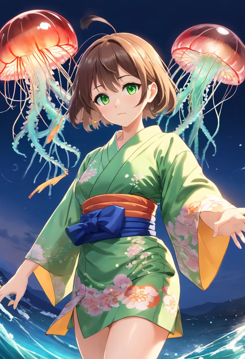 ((Kimono girl)), ((Best quality)), ((Masterpiece)), ((Realistic)), full bodyesbian,Barefoot,There are tattoos on the legs,Jumping action,mischievous, Hair with metal hair accessories, ((Green eyes)), Female face, Metal engraved tabletop, Royal Halo, trends in art station , Sharp focus, studio photo, intricately details, Very detailed, A detailed eye, illustration, Very detailed, Sharp focus, A digital rendering, professional, 4K,((Jellyfish monsters in Greek mythology))