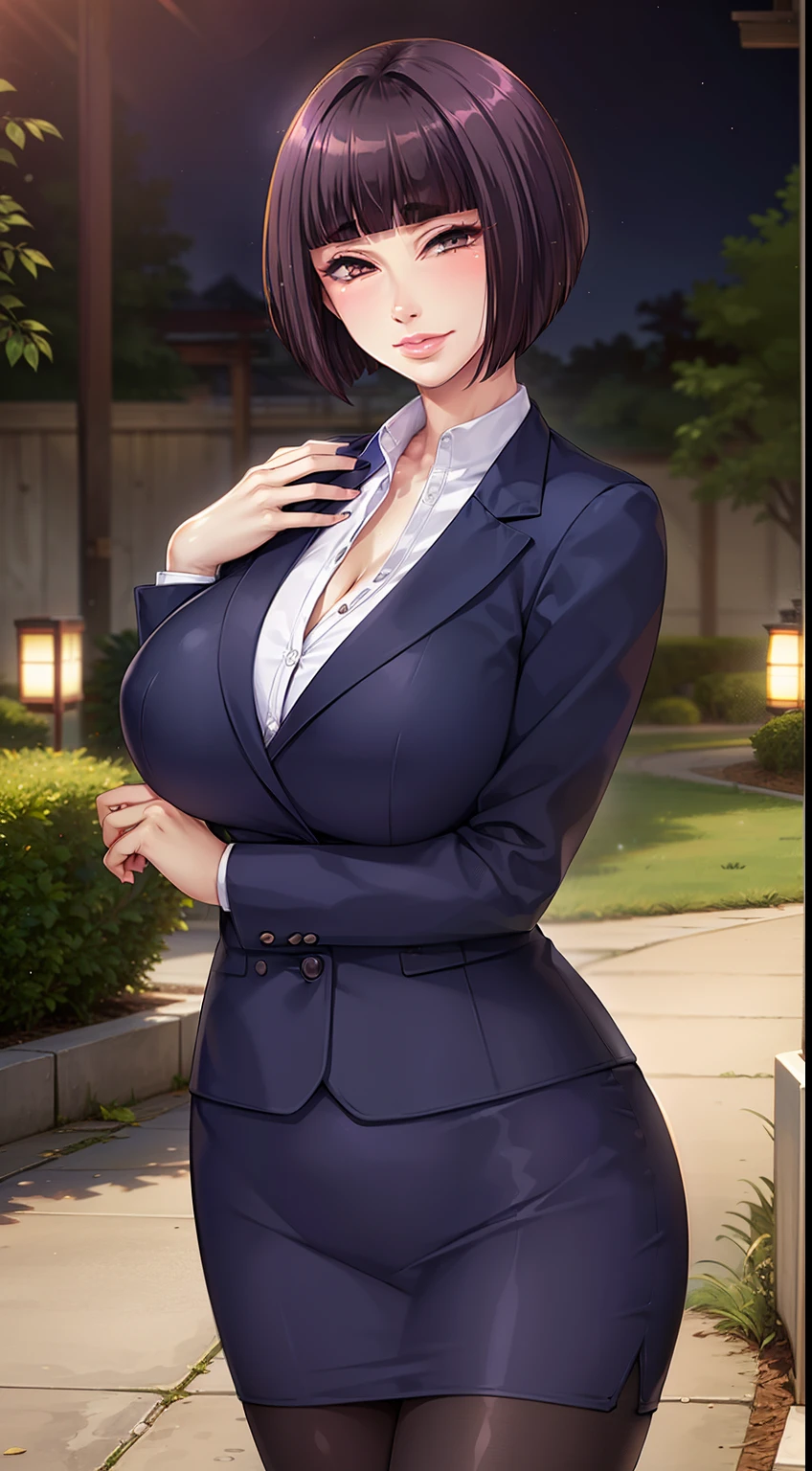 (masterpiece, best quality, high quality, realistic:1.3), (vibrant colors, vivid colors, Diffused lighting:1.1), Itsuki Shima, mature female, (cowboy shot:1.2), black pantyhose, pencil skirt, short hair, brown hair, bob cut, brown eyes, huge breasts, cleavage, looking at viewer, office lady, formal, suit, skirt suit, jacket, collared shirt, perfect body, perfect eyes, anime eyes, eyeshadow, perfect face, (horny, blush, smirking:1.1), evening park, sunset, bright background, grass, japaneese park background, park lanterns, intricate background, sharp focus, professional artwork, intricate details, digital blending, ultra detailed body, ultra detail hair, ultra detail face, trending on pixiv